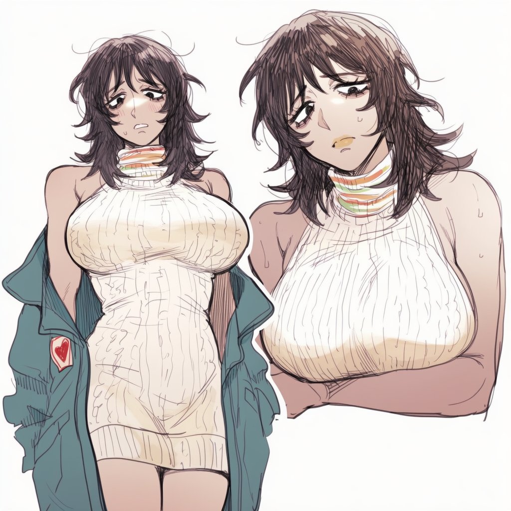 1girls, ai generated, anya (mouthwashing), big breasts, breasts, brown hair, female, female focus, female only, jacket, jacket off shoulders, jacket open, jacket partially removed, lapis slopzuli, messy hair, mouthwashing, mouthwashing (game), solo female, solo focus, sweat, sweater, uravity98114, voluptuous, voluptuous female, white background