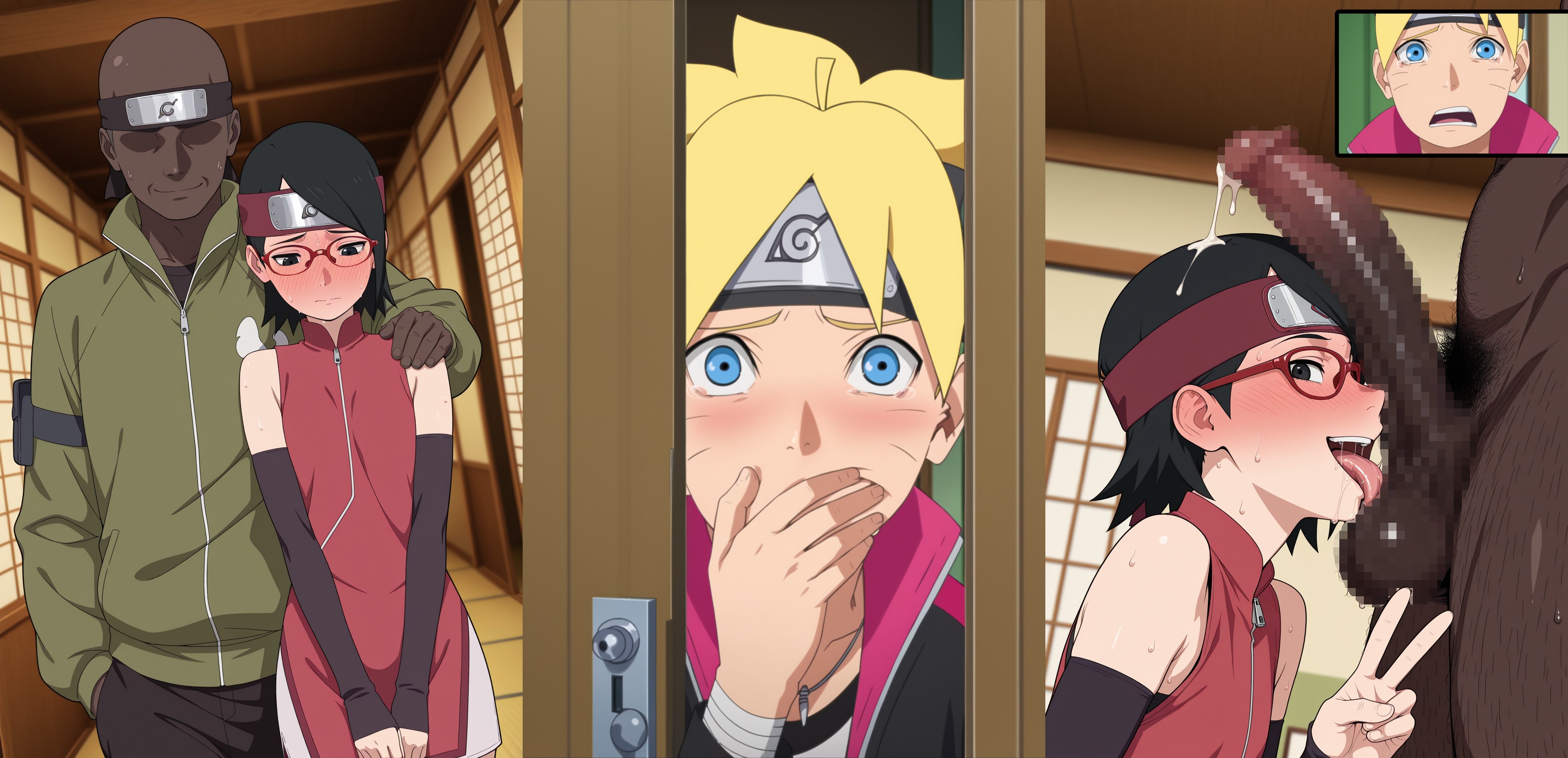 1boy1girl, 1girls, 2boys, ai generated, areolae, balls, before and after, black eyes, black hair, blonde hair, blue eyes, blush, boruto: naruto next generations, breasts, caught, caught in the act, censored, cheating, cheating girlfriend, completely naked, completely naked female, completely nude, completely nude female, completely nude male, crying, cucked by bully, cuckold, dark-skinned male, drool, drooling, erect nipples, erection, faceless male, female, forehead protector, glasses, headband, hi res, high resolution, highres, kneeling, konohagakure symbol, licking, licking penis, light skin, light-skinned female, light-skinned male, looking at penis, male, male pov, multiple males, naked, naruto, naruto (series), netorare, nipples, nose blush, ntr, nude, nude female, nude male, on knees, open mouth, oral, pale skin, pale-skinned female, peace sign, penis, penis awe, petite, pink nipples, pov, pov male, saliva, saliva drip, saliva trail, sarada uchiha, shonen jump, short hair, shounen jump, shueisha, small breasts, smile, sparda (artist), straight, sweat, sweatdrop, sweating, sweaty, sweaty body, teasing, teenage female, teenager, testicles, thighs, uchiha sarada, uzumaki boruto, v sign, very high resolution, walk-in, weekly shonen jump, weekly shounen jump, whisker markings