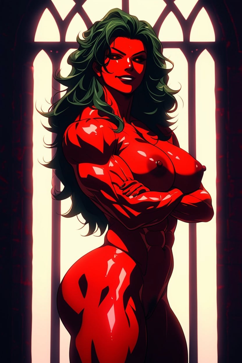 ai art, ai assisted, ai generated, ai-created, alternate version available, alternative universe, arms crossed under breasts, betty ross, big ass, big breasts, black lips, black sclera, dangerous, female, green hair, looking at viewer, mad, marvel, marvel comics, multiversus, muscular, muscular female, naked, naked female, red body, red eyes, red she-hulk, red skin, red skinned female, room, shadow, villain, villainess, window