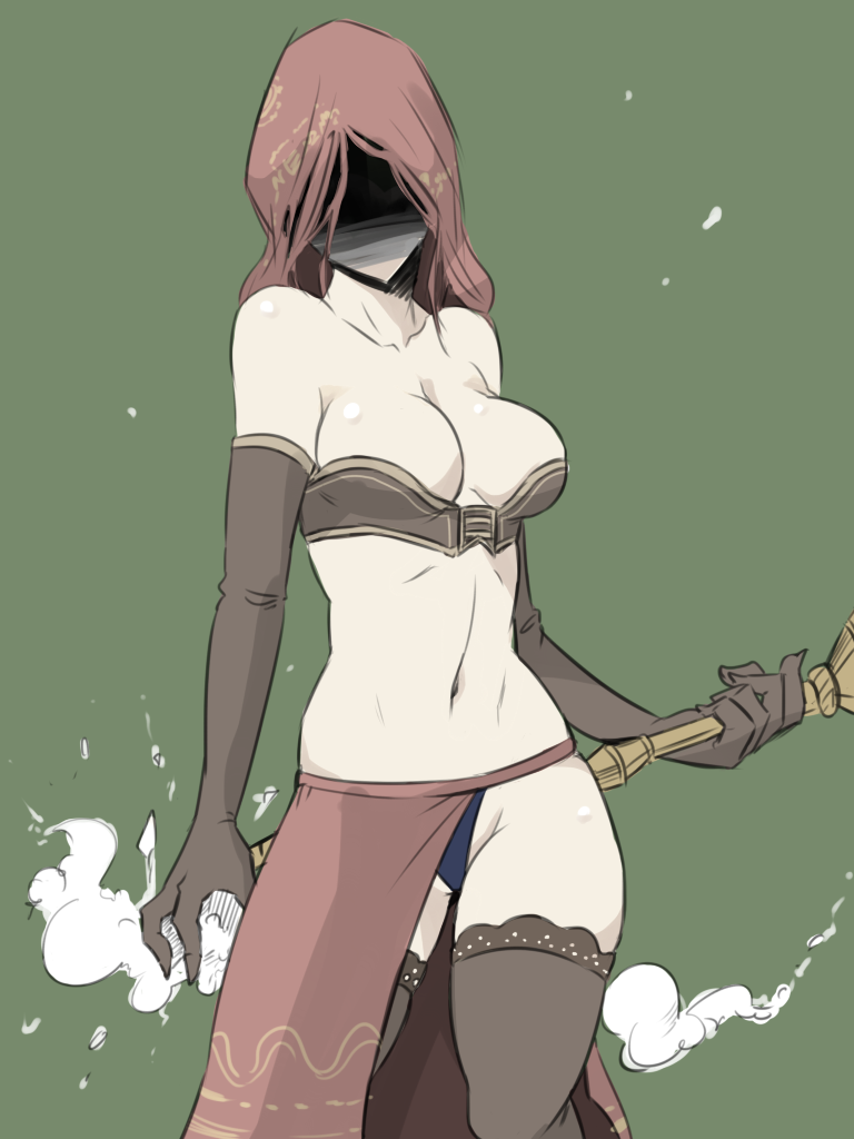 1girls, big breasts, breasts, cleavage, dark souls, dark souls 2, desert sorceress, elbow gloves, female, fromsoftware, gloves, hood, lace-trimmed thighhighs, ponke, revealing clothes, skirt, solo, stomach, thighhighs, veil