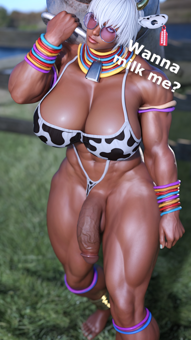 3d, abs, bikini, bikini aside, blue eyes, breasts, cock out, cow ears, cow futa, cow horns, cow print, cow print bikini, cowbell, dark skin, dark-skinned futa, elena (street fighter), english text, farm, flaccid, flaccid penis, futa only, futanari, hdregrets, intersex, large breasts, large penis, looking at viewer, muscular, muscular futa, muscular legs, penis, short hair, street fighter, sunglasses, swimsuit, talking to viewer, text, thick thighs, tinted eyewear, white hair