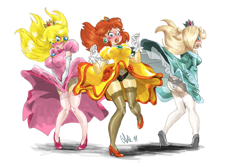 3girls accidental_exposure blonde_hair blue_eyes blush breasts brown_hair butt crown dress dress_lift dress_tug earrings elbow_gloves female female_only gloves high_heels human mario_(series) multiple_girls nintendo nipple_bulge panties pantyshot princess_daisy princess_peach princess_rosalina ra-vel shoes skirt_lift wind_lift