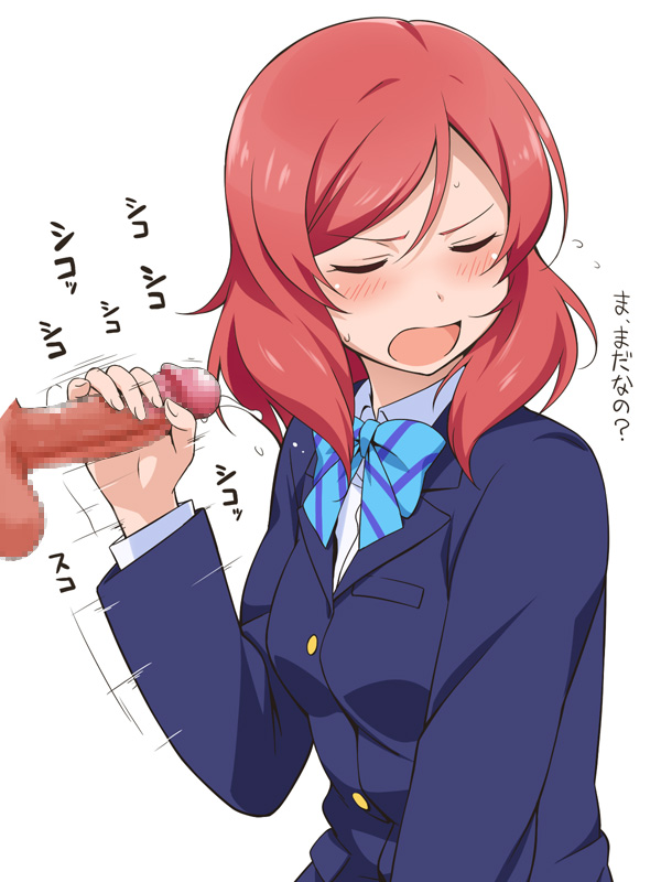 blush bow censored closed_eyes female handjob love_live! love_live!_school_idol_project mosaic_censoring nishikino_maki open_mouth penis red_hair school_uniform short_hair simple_background testicles text translation_request white_background youkan