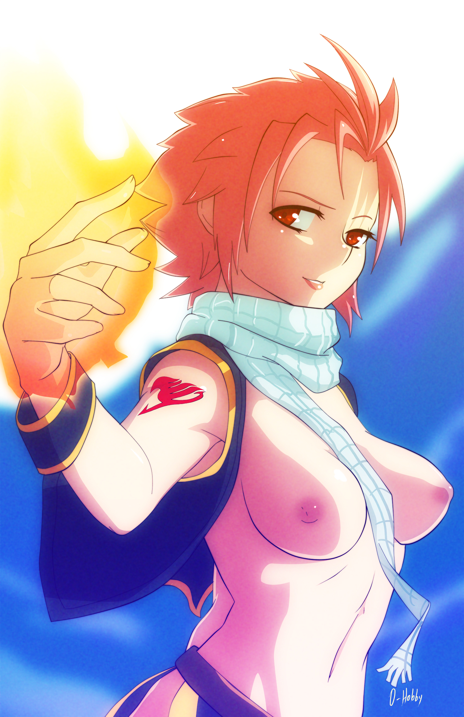 between breasts, breasts, clothes between breasts, fairy tail, female, female natsu, fire, natsu dragneel, navel, nipples, oppaihobby, pink hair, red eyes, rule 63, scarf, short hair, smile, solo, tattoo, vest, wristband