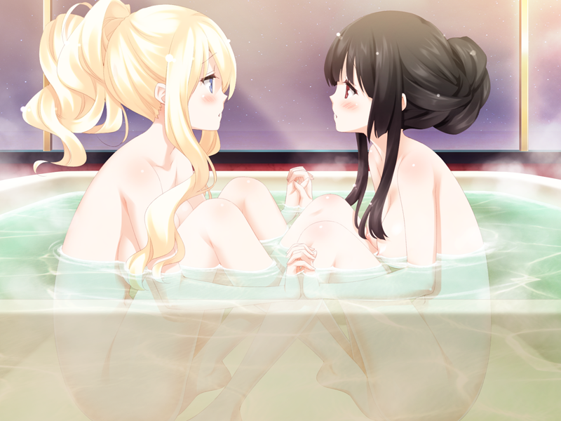 2girls bath bathing black_hair blonde_hair blue_eyes blush breasts convenient_censoring female female_only game_cg hand_holding kirishima_shizuku long_hair looking_at_another multiple_girls nude open_mouth peko ponytail red_eyes shiny shiny_skin shitogi_eris sitting sky sono_hanabira_ni_kuchizuke_wo star_(sky) starry_sky tied_hair yuri