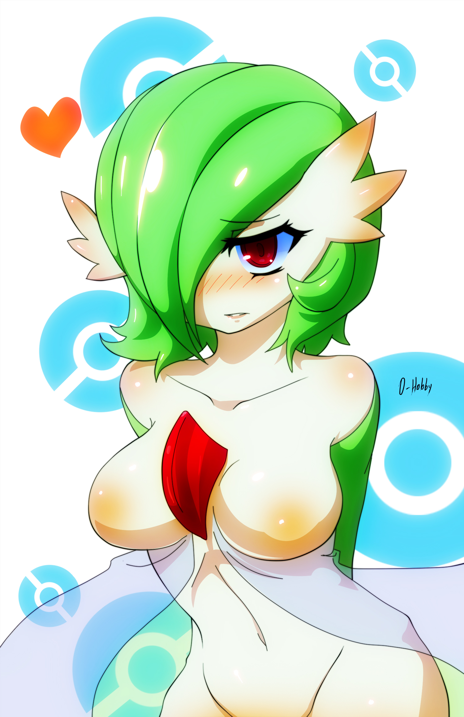 arms behind back, blush, breasts, dress, eyelashes, female, female gardevoir, gardevoir, green hair, hair over one eye, heart, highres, humanoid, inverted nipples, navel, nintendo, nude, oppaihobby, parted lips, pokémon (species), pokemon, pokemon (species), pokemon rse, red eyes, short hair, solo, white skin