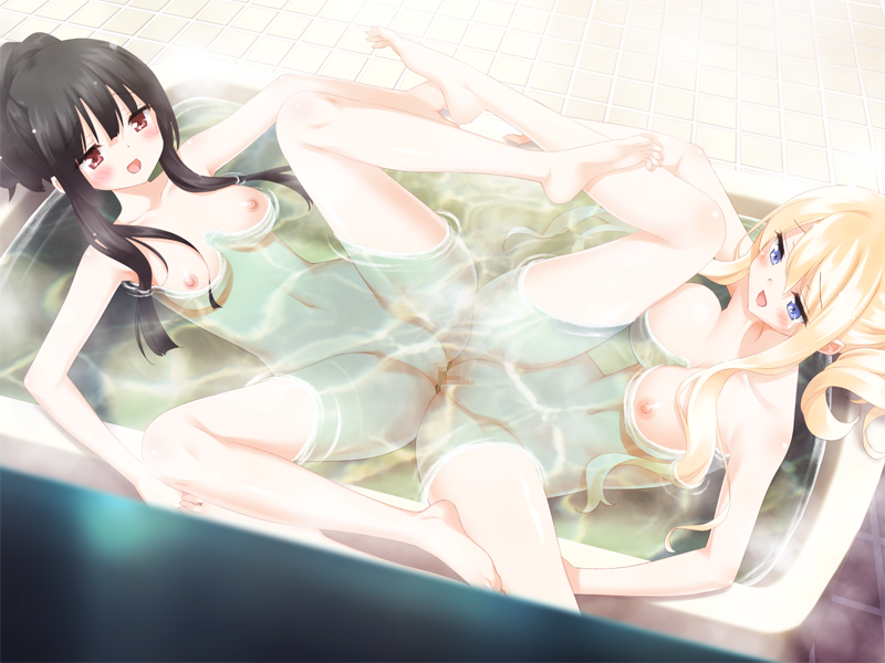 2girls bath bathing black_hair blonde_hair blue_eyes blush breasts censored female female_only game_cg kirishima_shizuku long_hair looking_at_another multiple_girls nude open_mouth peko red_eyes shiny shiny_skin shitogi_eris sono_hanabira_ni_kuchizuke_wo spread_legs tribadism very_long_hair yuri