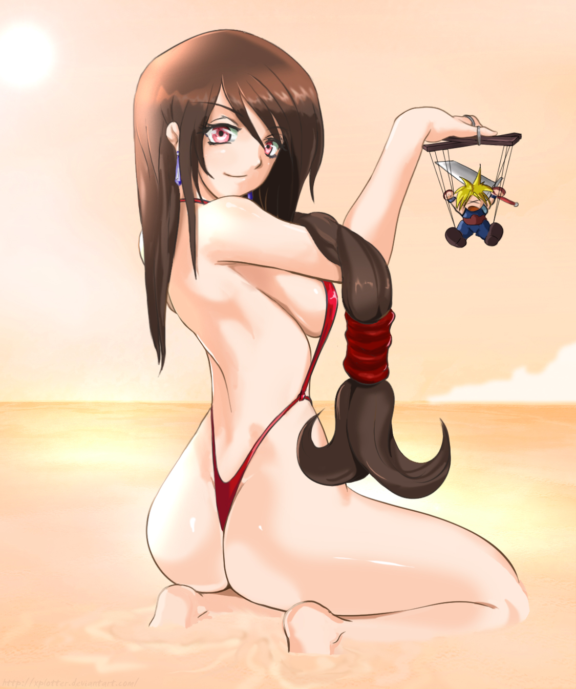 ass, bikini, breasts, brown hair, cloud strife, earrings, female, final fantasy, final fantasy vii, kneeling, looking at viewer, low-tied long hair, pink eyes, puppet, red bikini, sideboob, sling bikini, smile, swimsuit, tifa lockhart, water, xplotter