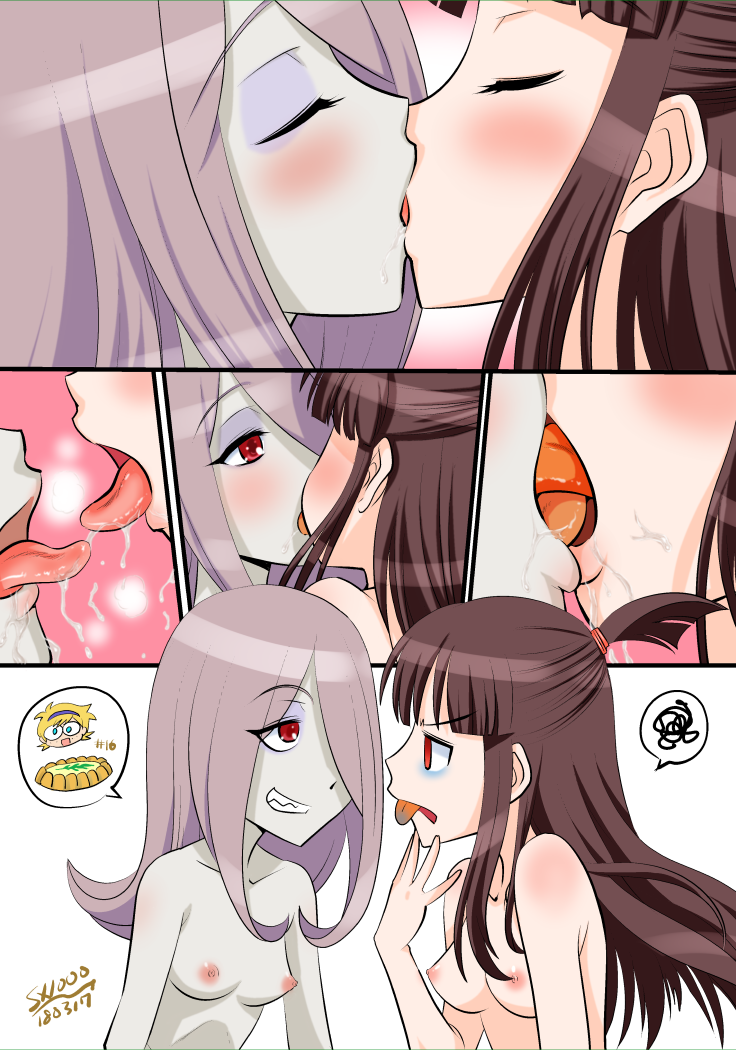 2girls akko_kagari atsuko_kagari blush breasts brown_hair closed_eyes french_kiss kagari_atsuko kissing little_witch_academia looking_at_another medium_breasts multiple_girls nipples ono_toshihiro purple_hair red_eyes saliva saliva_trail smile sucy_manbavaran yuri