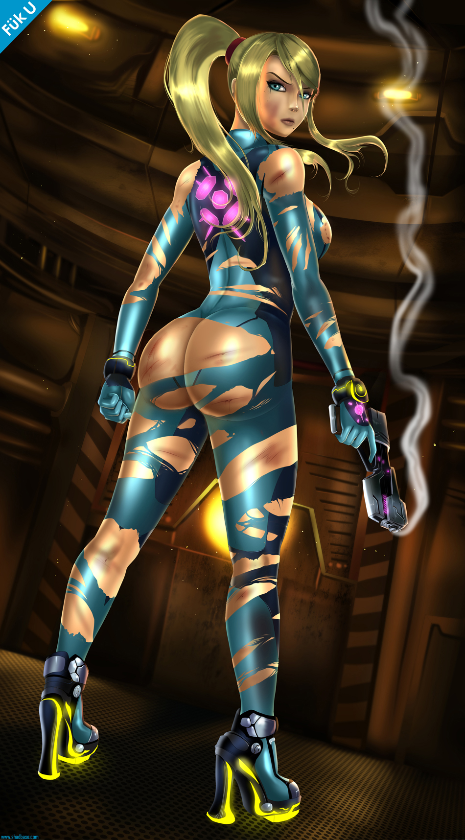 1girls, ass, ass focus, big ass, blonde hair, blue eyes, bodysuit, bruises, bubble ass, bubble butt, dirty, female, female only, gun, high heels, human, long hair, looking at viewer, looking back, metroid, mole, nintendo, ponytail, rocket heels, samus aran, shadman, skin tight, smoke, solo, standing, tied hair, tight clothes, torn clothes, weapon, zero suit, zero suit samus