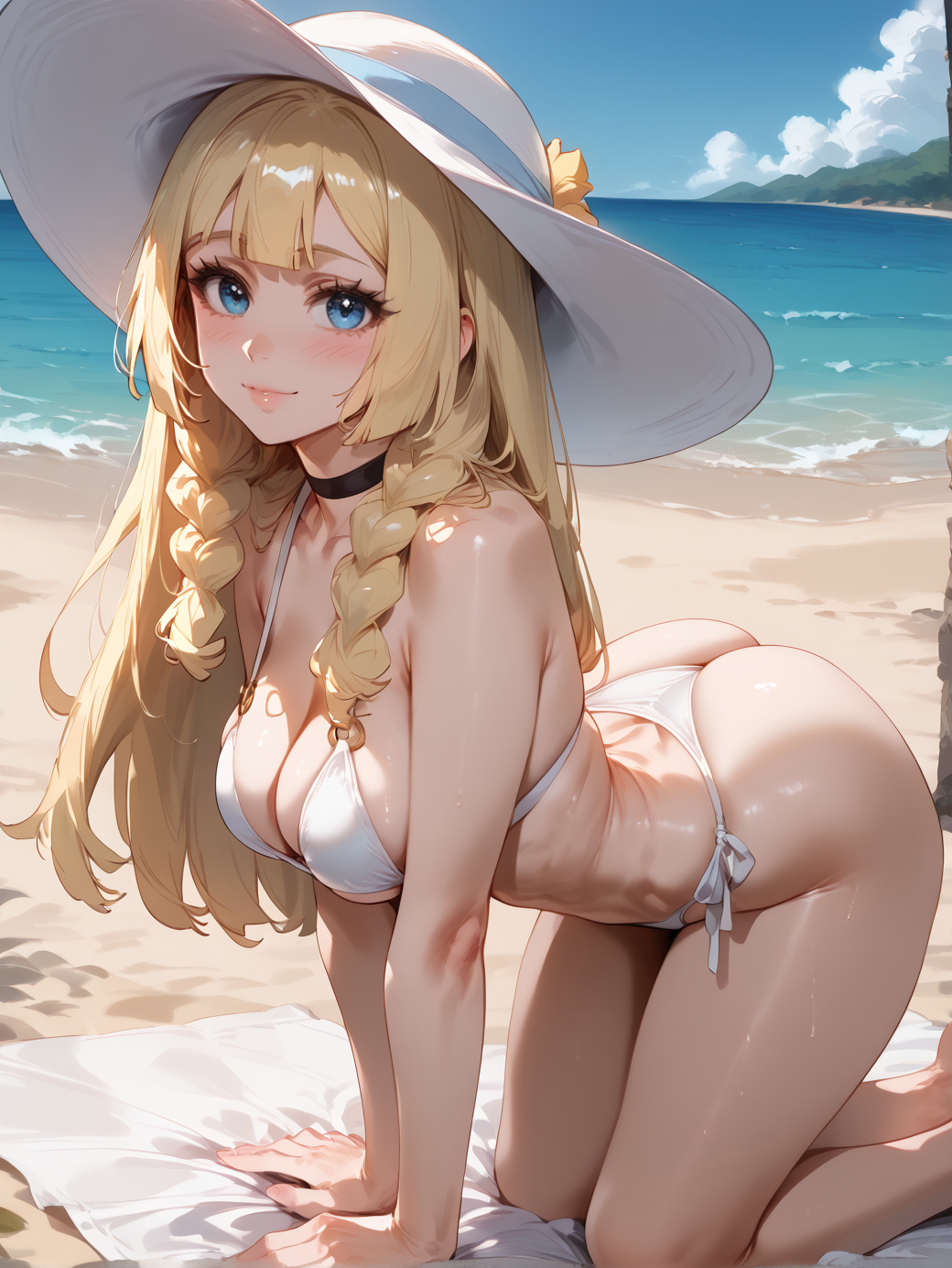 1girls, ai generated, all fours, ass, bangs, bare arms, bare shoulders, beach, bikini, black choker, blonde hair, blue eyes, blue sky, blush, braid, breasts, brokewyt, choker, cleavage, closed mouth, day, female, hat, large breasts, lillie (pokemon), lips, long hair, looking at viewer, nintendo, ocean, outdoors, pokemon, pokemon trainer, sand, side-tie bikini bottom, sky, smile, solo, string bikini, sun hat, swimsuit, thighs, twin braids, uncensored, water, white bikini, white headwear