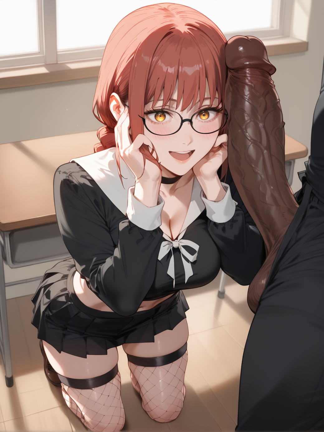 1boy, ai generated, balls, bangs, black choker, black pants, black shirt, black skirt, black-framed eyewear, blush, braid, braided ponytail, breasts, brokewyt, chainsaw man, choker, classroom, cleavage, collarbone, crop top, dark skin, dark-skinned male, desk, erection, female, fishnets, glasses, indoors, kneeling, large breasts, large penis, long hair, long sleeves, looking at viewer, makima (chainsaw man), male, midriff, navel, open mouth, pants, penis, penis on face, pleated skirt, red hair, school uniform, shirt, skirt, smile, solo focus, straight, teeth, testicles, thighhighs, thighs, uncensored, veins, veiny penis, window, yellow eyes