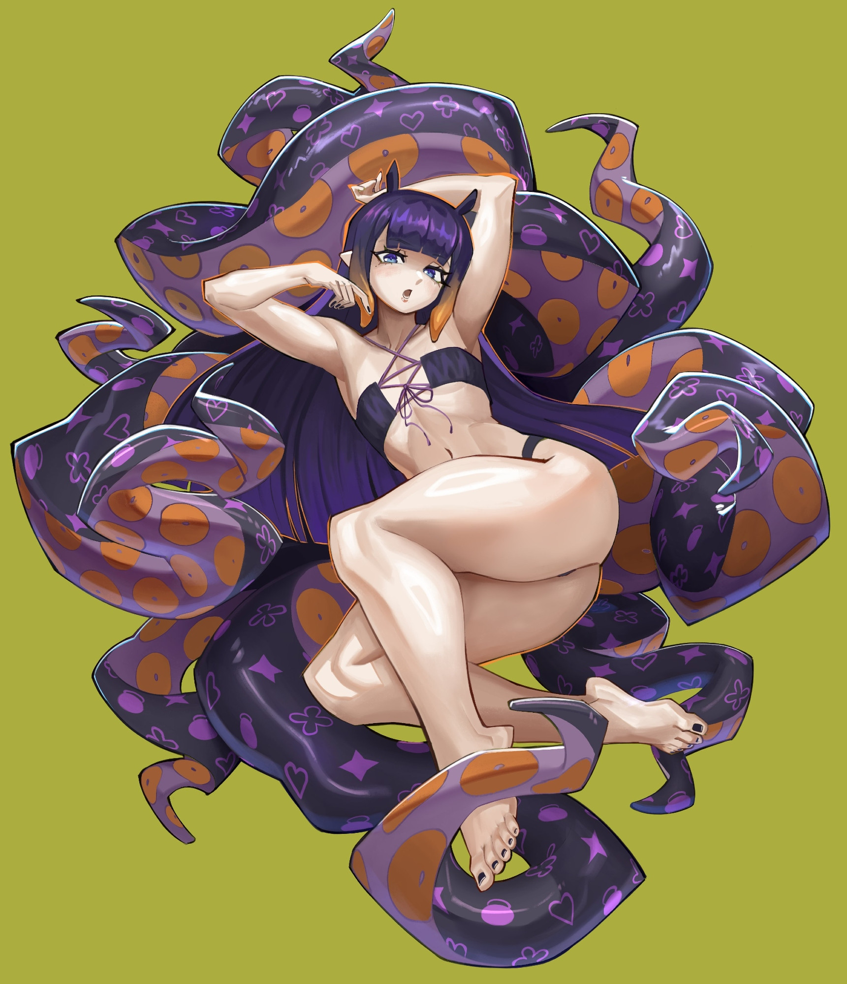 1girls, barefoot, black toenails, exnezo, feet, female, female only, hololive, hololive english, hololive myth, light skin, light-skinned female, ninomae ina'nis, purple hair, solo, swimsuit, virtual youtuber