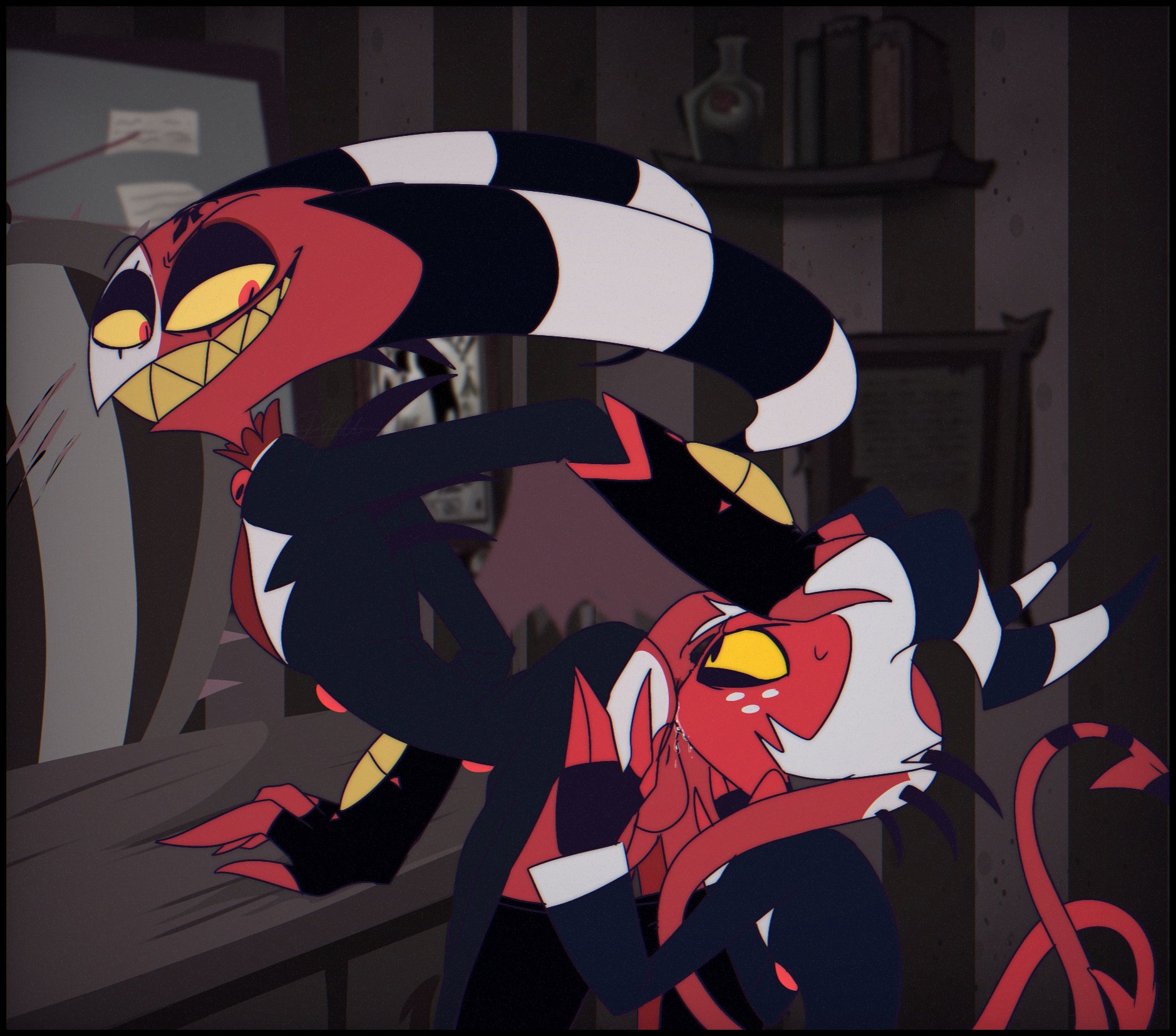 ass eating, blitzo (helluva boss), bloxxie, gay, helluva boss, kkcq20yk0db5mak, male, moxxie (helluva boss), rimjob, rimming, rimming male