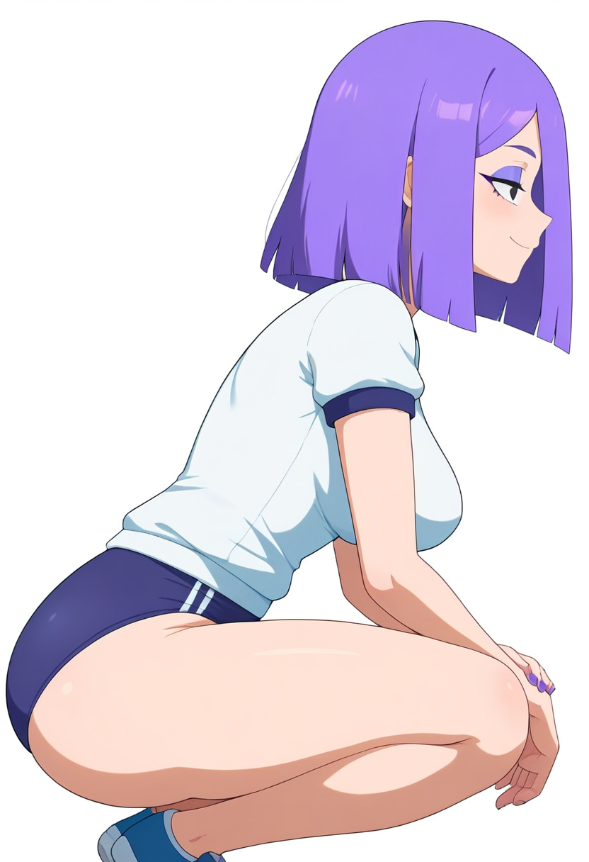 ai_generated at background breasts clothed clothes clothing duolingo emo female fingernails focus fully girl gym hair hips human light light-skinned lily_(duolingo) looking medium only purple skin slim small smartphone solo sports sportswear squatting teasing thin uniform viewer waist white wide workout