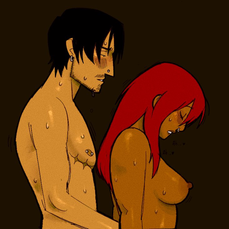 1boy, 1girls, aged up, alex vargas, big breasts, biting lip, black hair, blush, breasts, brown skin, brujoari, dark skin, dark-skinned female, earrings, facial hair, female, i wanna eat your guts, implied sex, kate medrano, long hair, male, mastectomy scar, nipple piercing, nipples, no visible genitalia, nose piercing, nose ring, nude, original, piercing, red hair, shockwave animation, side view, sideboob, stubble, sweat, tan skin, transgender, transgender male, upper body