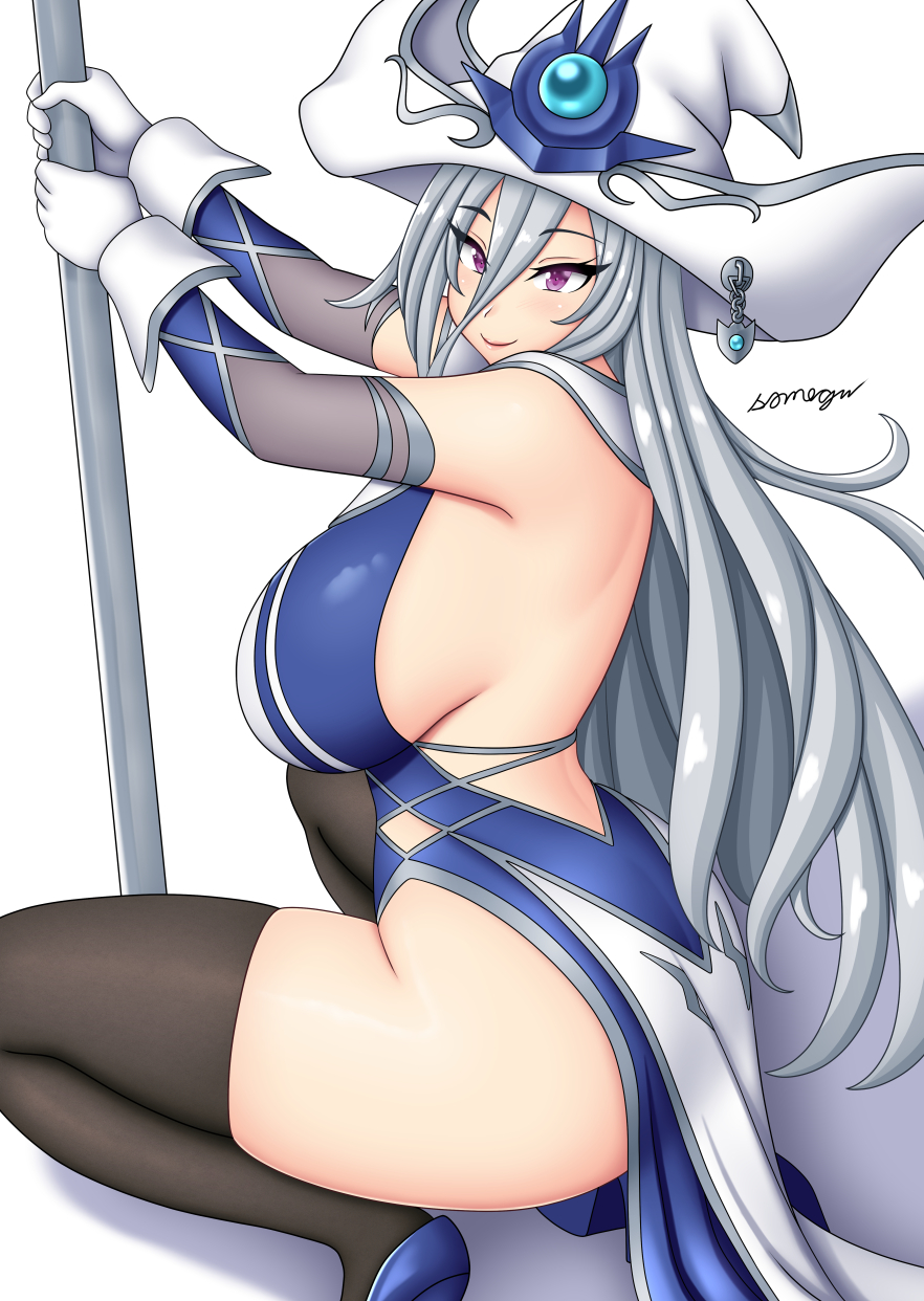 1girls, 2024, armwear, big breasts, breasts, brown thighhighs, crouching, dress, duel monster, eyelashes, female, female only, gloves, konami, long hair, looking at viewer, purple eyes, silent magician, silver hair, smiling, smiling at viewer, solo, somegu, thick thighs, thighhighs, white background, white hair, witch hat, yu-gi-oh!