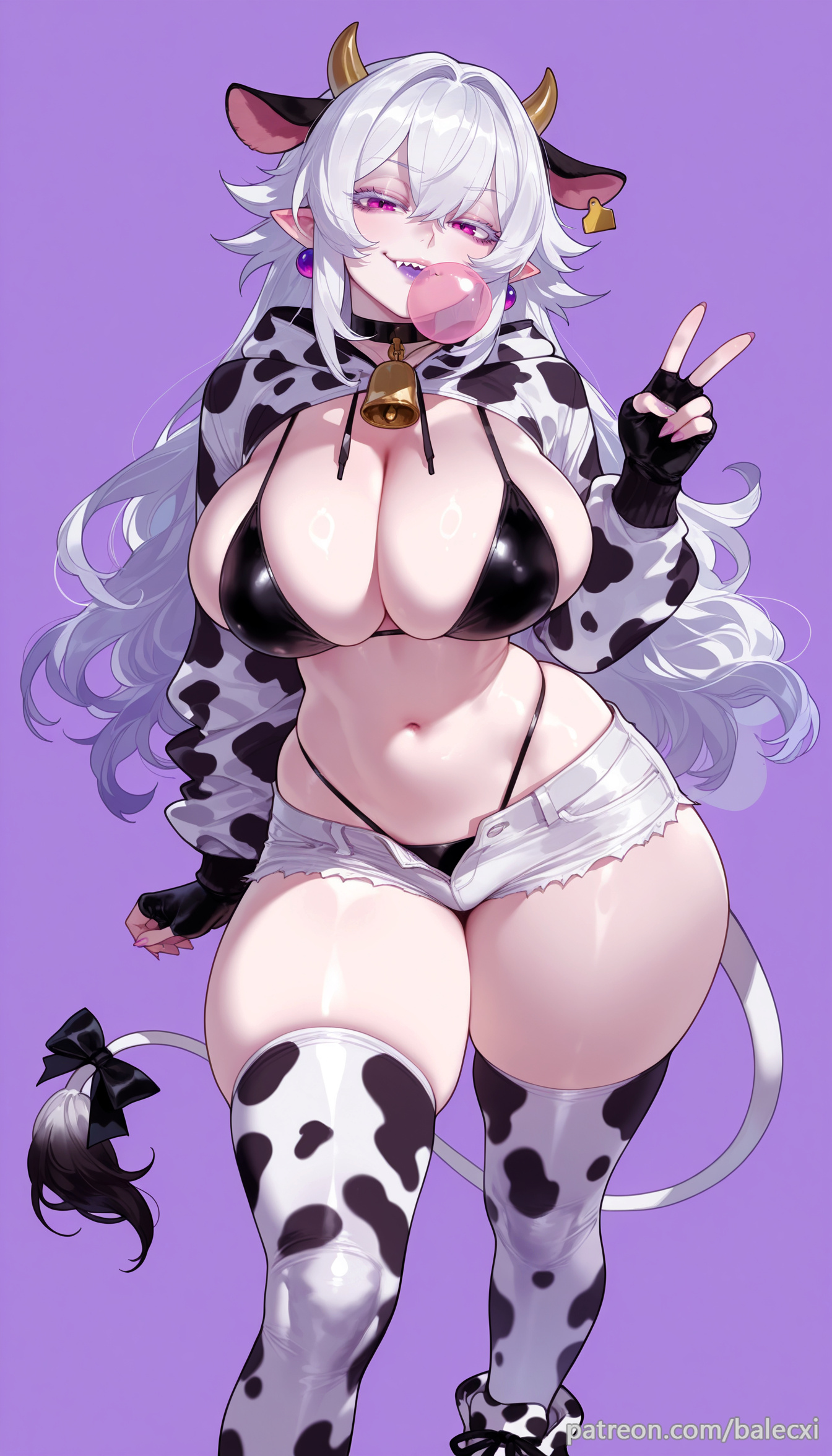 ai generated, animal ears, animal print, balecxi, bell, black bikini, black bow, black gloves, boosette, breasts, cow ears, cow girl, cow horns, cow print, cow tail, cowbell, earrings, female, fingerless gloves, highleg, highleg bikini, hood, large breasts, long hair, looking at viewer, mario (series), navel, nintendo, open fly, pointy ears, purple background, sharp teeth, short shorts, simple background, skindentation, solo, swimsuit, thick thighs, thighhighs, v, white hair