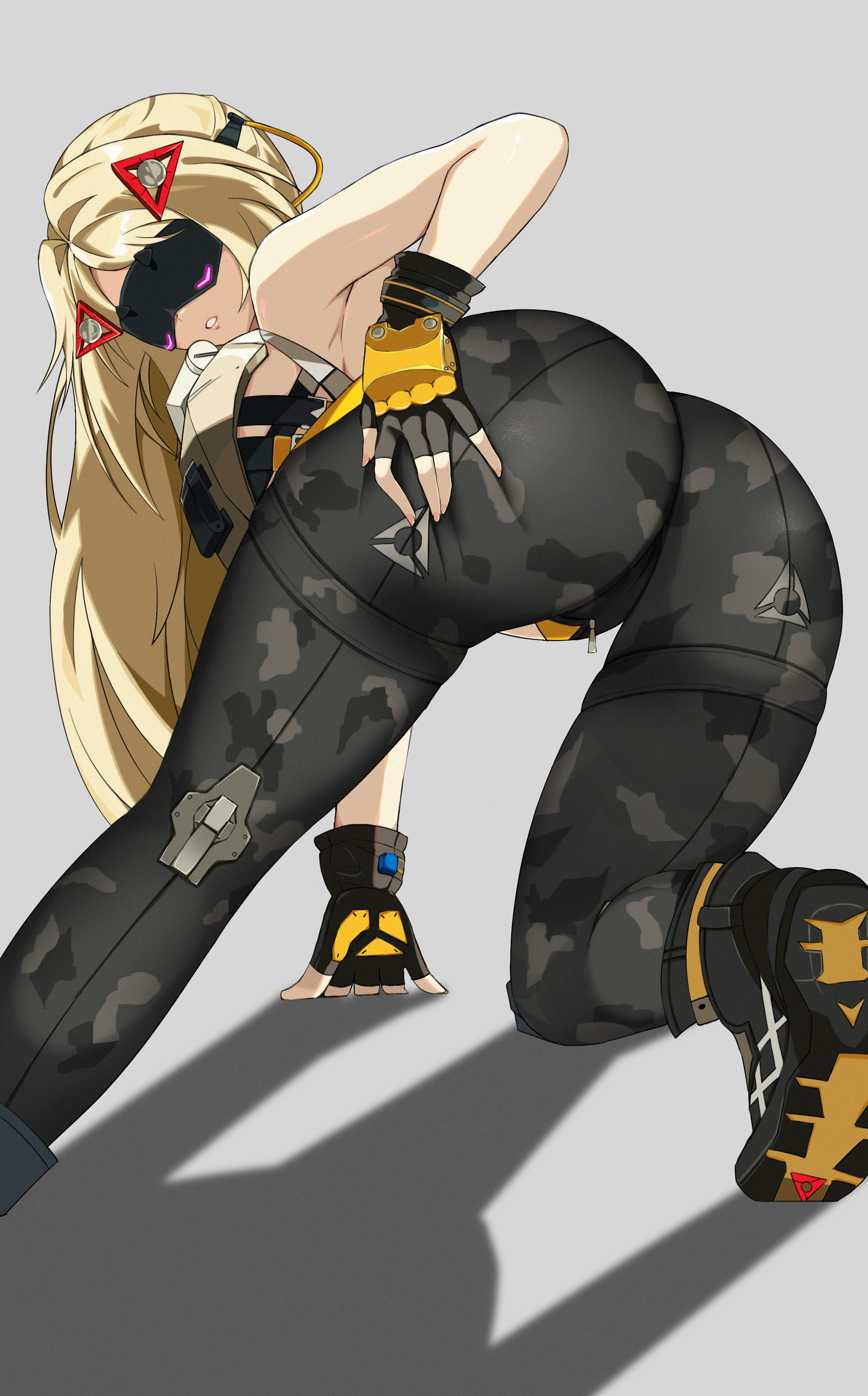 1girls, ass, bent over, big ass, blonde hair, bubble ass, bubble butt, camouflage pants, fat ass, female, female only, hand on ass, hand on own ass, huge ass, large ass, looking at viewer, looking back, solo, sylux, thick ass, thick thighs, trigger (zenless zone zero), visor, white background, wide hips, zenless zone zero
