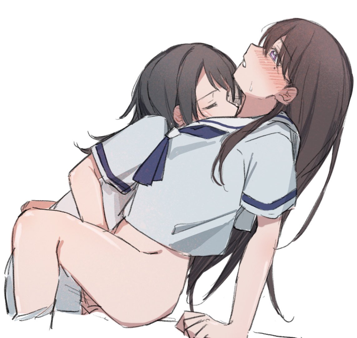 2girls bang_dream! bang_dream!_it's_mygo!!!!! black_hair blue_neckerchief blue_shirt blush brown_hair fingering hanasakigawa_school_uniform jenjen long_hair multiple_girls neckerchief open_mouth panties panties_around_one_leg purple_eyes sailor_collar school_uniform serafuku shiina_taki shirt short_sleeves sweatdrop underwear white_panties white_sailor_collar yahata_umiri yuri