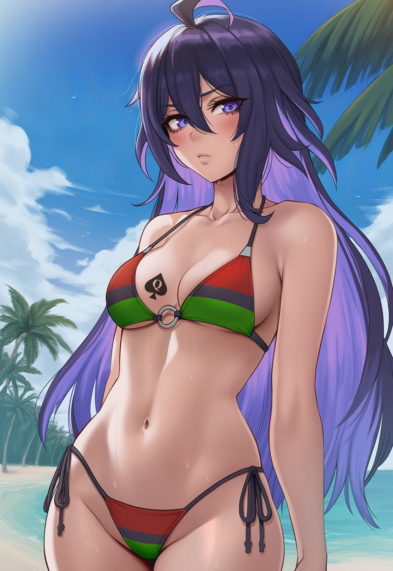 1girls, 2025, ahoge, ai generated, beach, bikini, blush, branch, breasts, female, flarekiss, hair between eyes, highres, honkai (series), honkai: star rail, hoyoverse, long hair, looking at viewer, medium breasts, mihoyo, navel, o-ring, ocean, pan-african flag, pan-african flag bikini, purple hair, qos, qos tattoo, queen of spades, queen of spades symbol, queen of spades tattoo, seele (honkai: star rail), solo, solo female, solo focus, standing, swimsuit