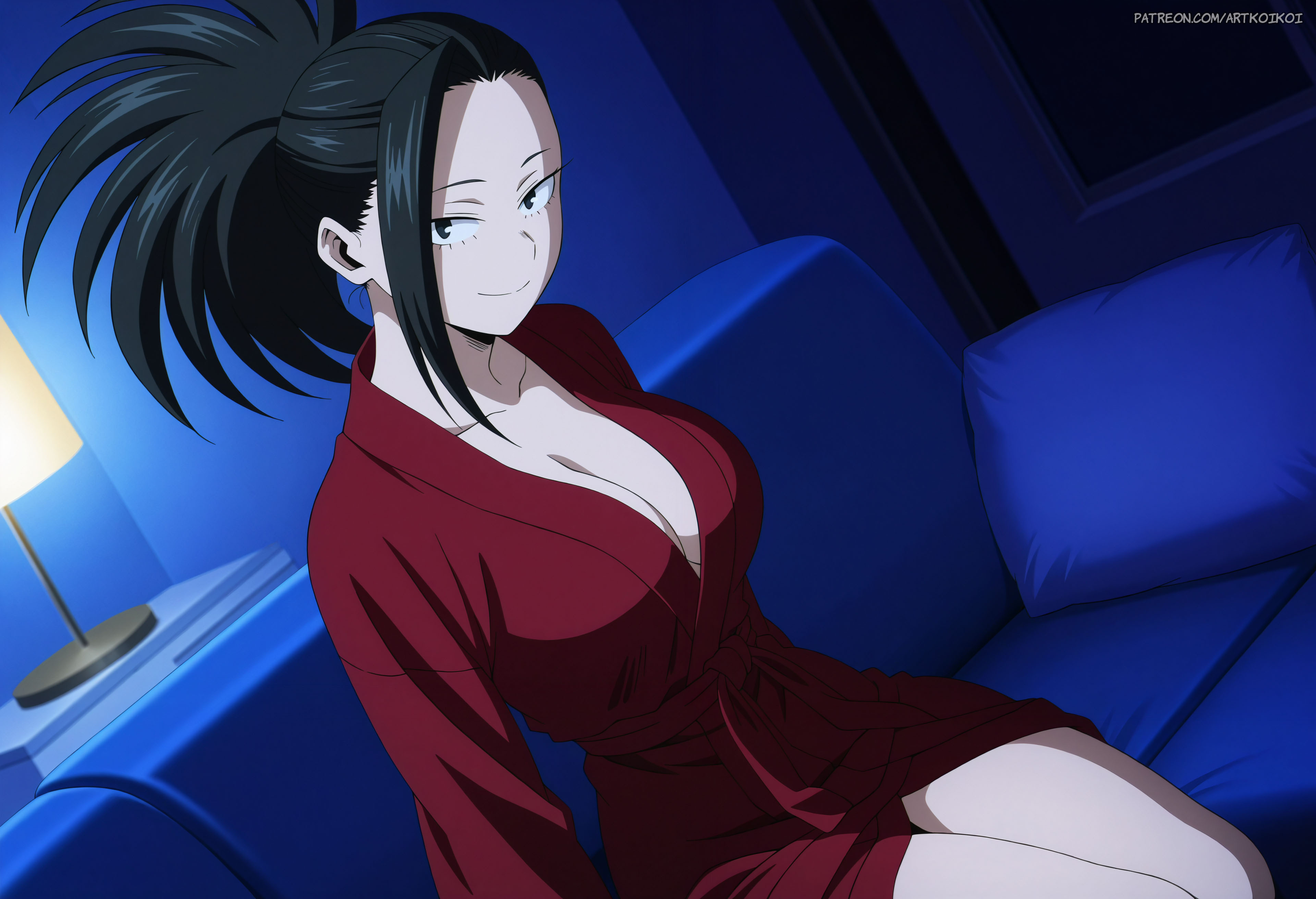 1girls, ai generated, artkoikoi, asian, asian female, bathrobe, big breasts, black hair, black-haired female, breasts, cleavage, female, highres, hourglass figure, lamp, living room, long hair, looking at viewer, momo yaoyorozu, my hero academia, night, nighttime, patreon, patreon username, ponytail, red robe, robe, robe only, smiling at viewer