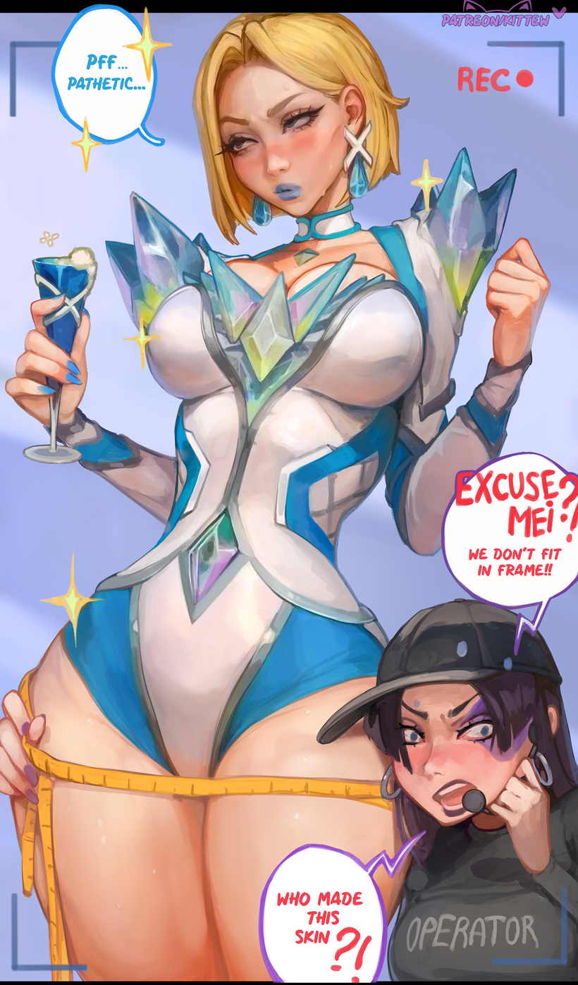 2girls baseball_cap black_headwear blonde_female blonde_hair blue_choker blue_eyes blue_lipstick blue_nails blush bob_cut breasts cg choker cup drinking_glass earrings emma_frost emma_frost_(marvel_rivals) english_text female hat holding holding_cup jewelry kittew large_breasts leotard lipstick long_hair makeup marvel marvel_rivals measuring multiple_girls nail_polish psylocke psylocke_(marvel_rivals) purple_hair recording short_hair speech_bubble tape_measure white_leotard
