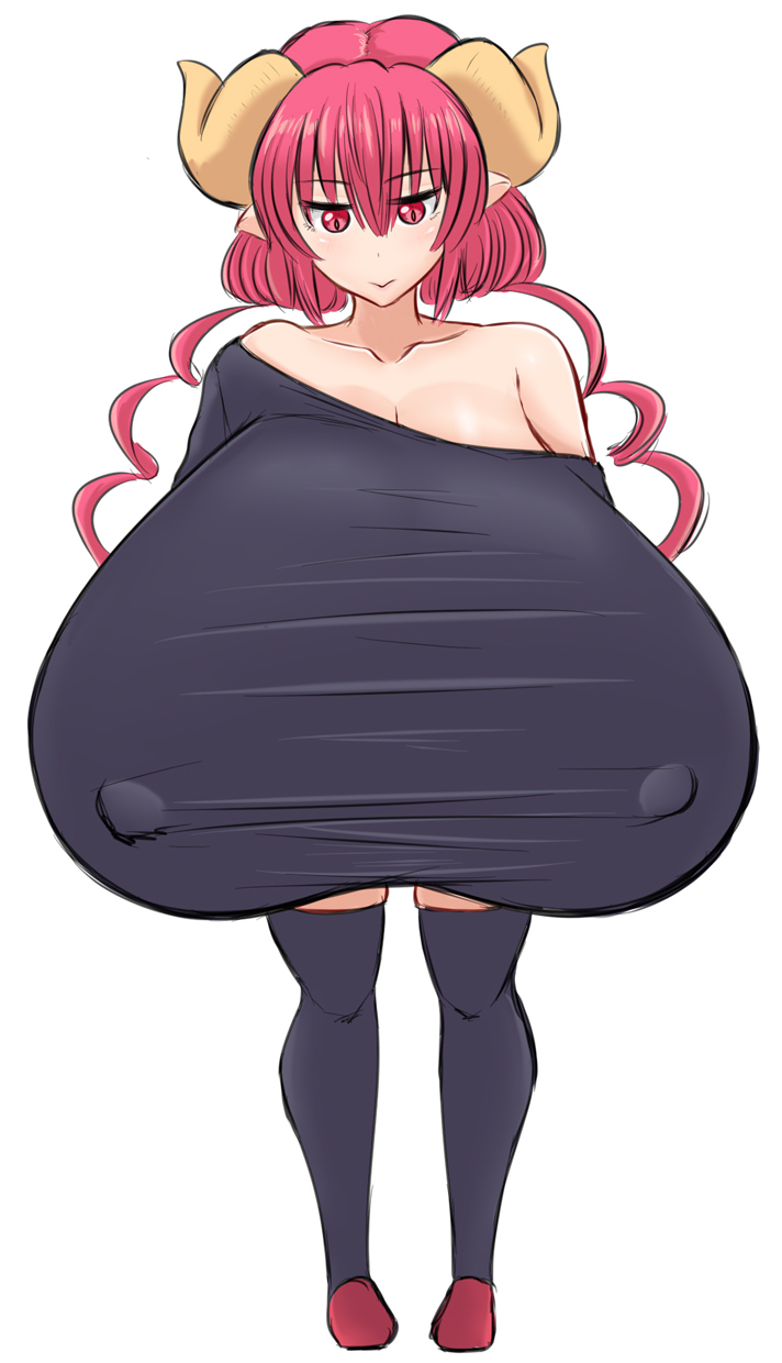 aokuro, black legwear, black shirt, breasts, clothed, excessive breast, female, gigantic breasts, hyper breasts, ilulu (dragon maid), miss kobayashi's dragon maid, nipples visible through clothing, pink hair, red eyes