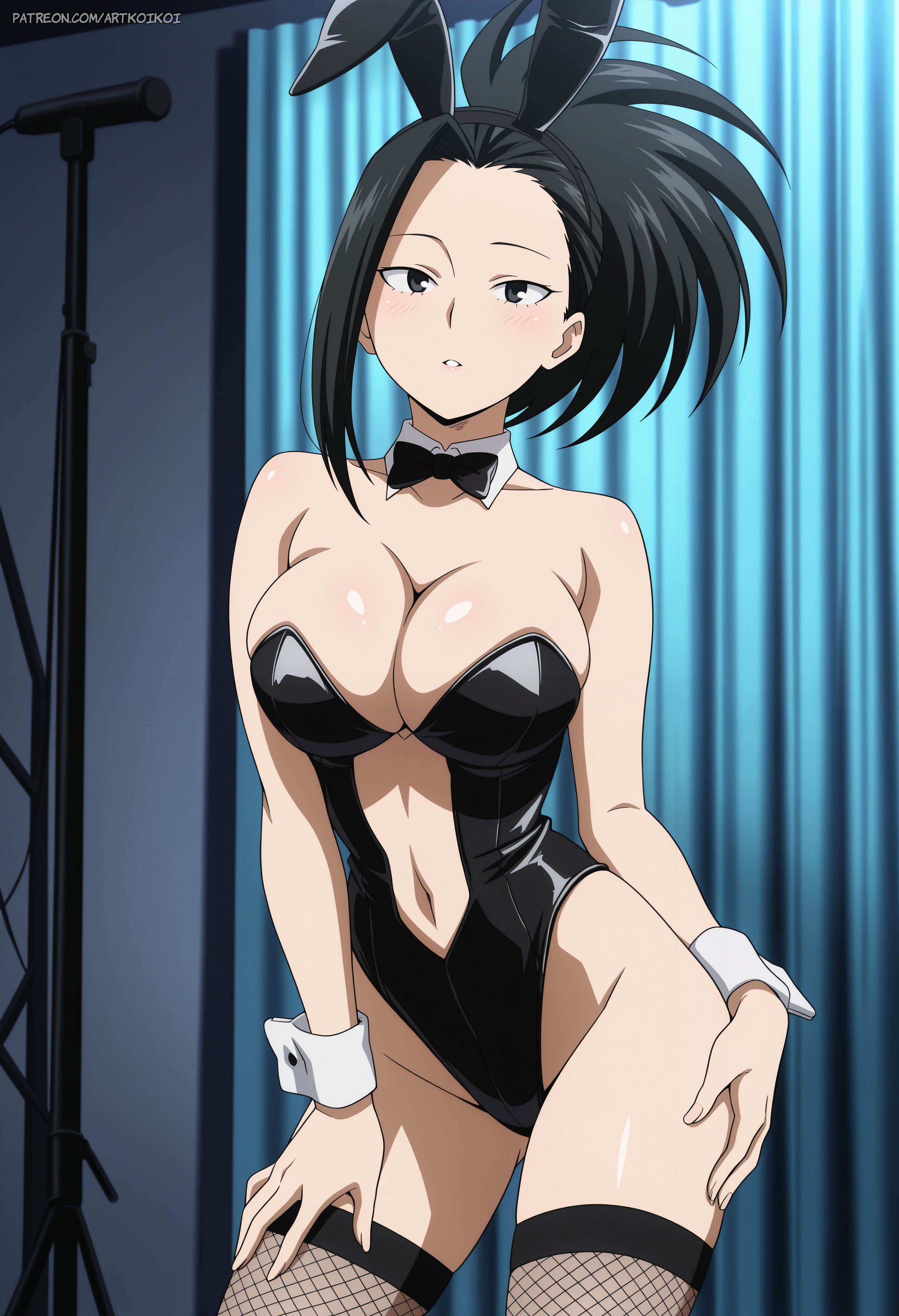 1girls, ai generated, artkoikoi, asian, asian female, big breasts, black hair, black-haired female, breasts, bunny ears, bunnysuit, cuffs, cuffs (clothing), fake animal ears, female, fishnet legwear, fishnet stockings, fishnets, highres, hourglass figure, latex, leotard, long hair, looking at viewer, momo yaoyorozu, my hero academia, patreon, patreon username, ponytail, posing