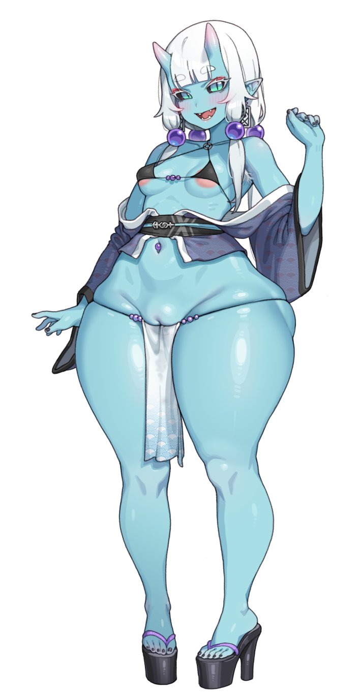 1girls, areolae, b o x, bikini top, black sclera, blue skin, box20502017, breasts, earrings, eyebrows visible through hair, female, female only, green eyes, hairless pussy, heels, hi res, high heels, horns, japanese clothes, japanese mythology, loincloth, looking at viewer, navel piercing, okobo, oni, oni female, oni horns, open mouth, pointy ears, pussy, slit pupils, small breasts, smiling, smiling at viewer, solo, tagme, thick thighs, white background, white hair, wide hips, youkai