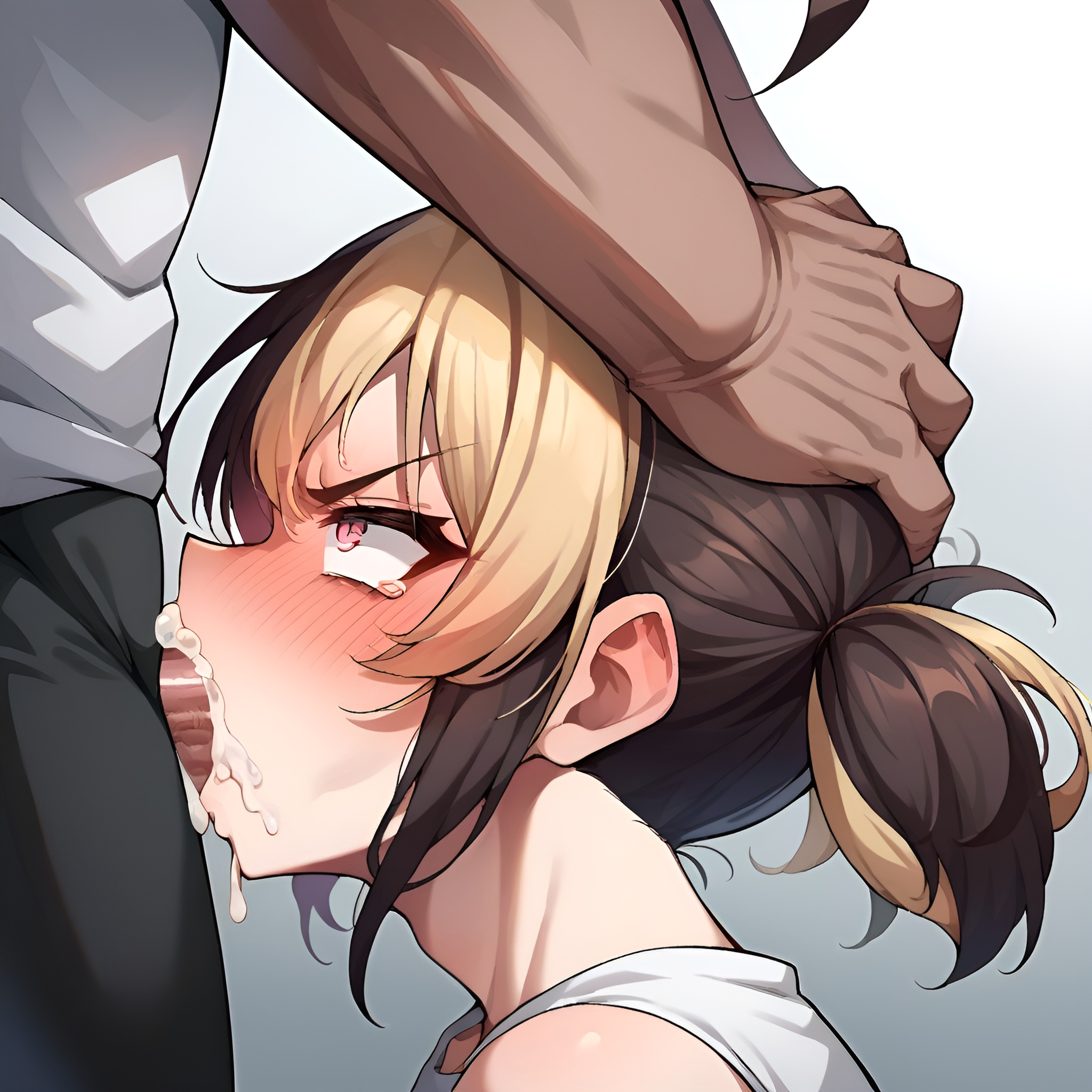 ai generated, angry, arbitrary, blowjob, blush, cum, dark skin, dark-skinned male, deepthroat, forced oral, gigi murin, hololive, hololive english, hololive english -justice-, male, multicolored hair, pink eyes, short twintails, side view, simple background, twintails, virtual youtuber