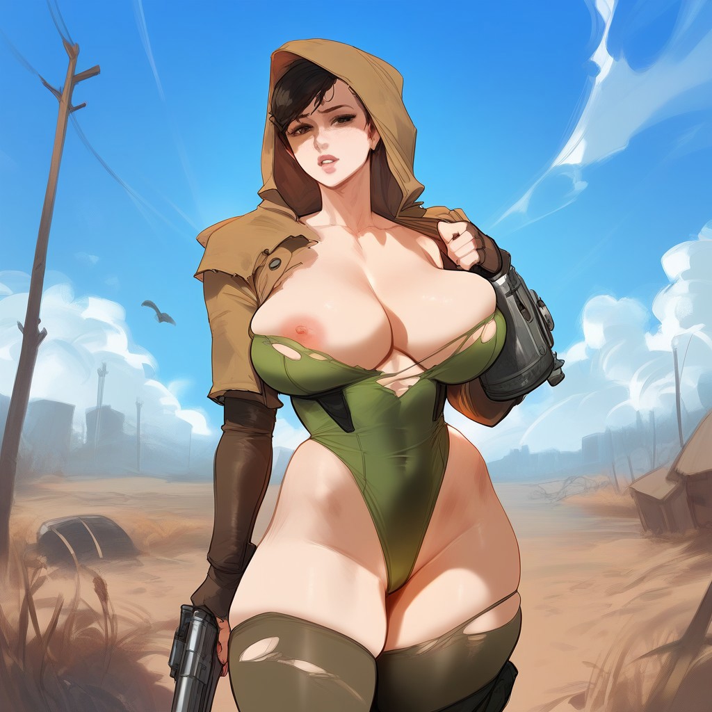 2d, ai generated, big breasts, breasts, fallout, fallout new vegas, female, female focus, female only, highleg, highleg leotard, hood, hoodie, leotard, nipples, outdoors, solo, solo female, solo focus, tagme, veronica santangelo