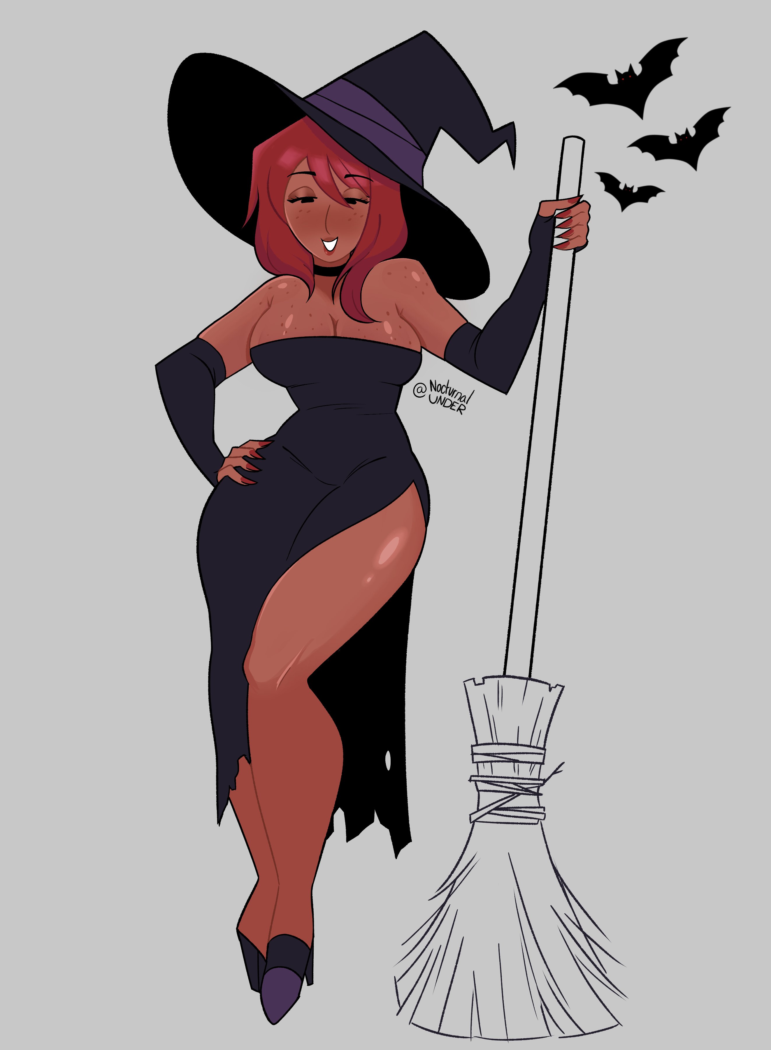 big breasts, breasts, choker, cleavage, dark skin, dark-skinned female, elbow gloves, female, female only, fingerless gloves, freckles, full body, gloves, halloween, halloween costume, i wanna eat your guts, kate medrano, long hair, looking at viewer, medium hair, nocturnalunder, original, red hair, red nails, sharp fingernails, side slit, solo, standing, strapless dress, tan skin, wide hips, witch, witch costume, witch hat