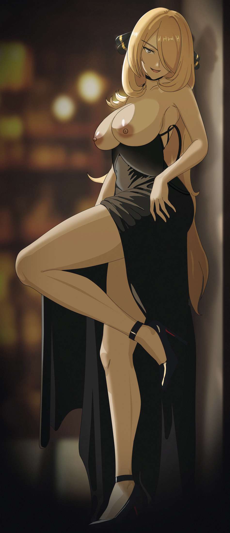 1girls blonde_hair breasts breasts_out champion classy classy_female cynthia_(pokemon) dress edit edited elegant_dress female female_only high_heels looking_at_viewer nintendo nipples no_bra no_penetration no_penis no_sex nude pokemon pokemon_dppt robbydniero seductive seductive_pose solo solo_female topless topless_female vivivoovoo