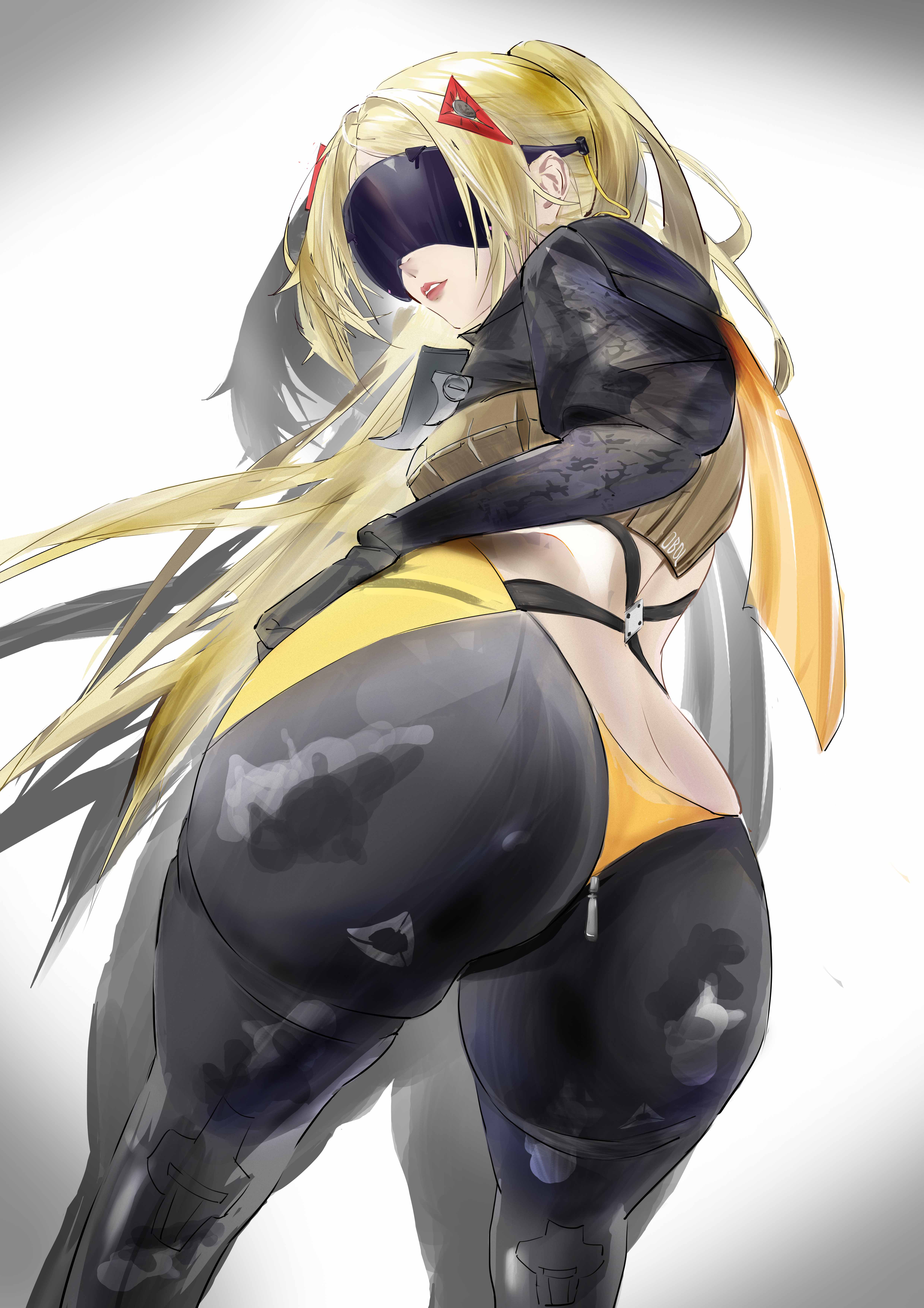 1girls, ass, big ass, blonde hair, bottom heavy, bubble ass, bubble butt, camouflage pants, clothing, exianble, fat ass, female, female only, huge ass, large ass, looking at viewer, looking back, massive ass, soldier, solo, thick ass, thick thighs, thunder thighs, trigger (zenless zone zero), visor, white background, wide hips, zenless zone zero