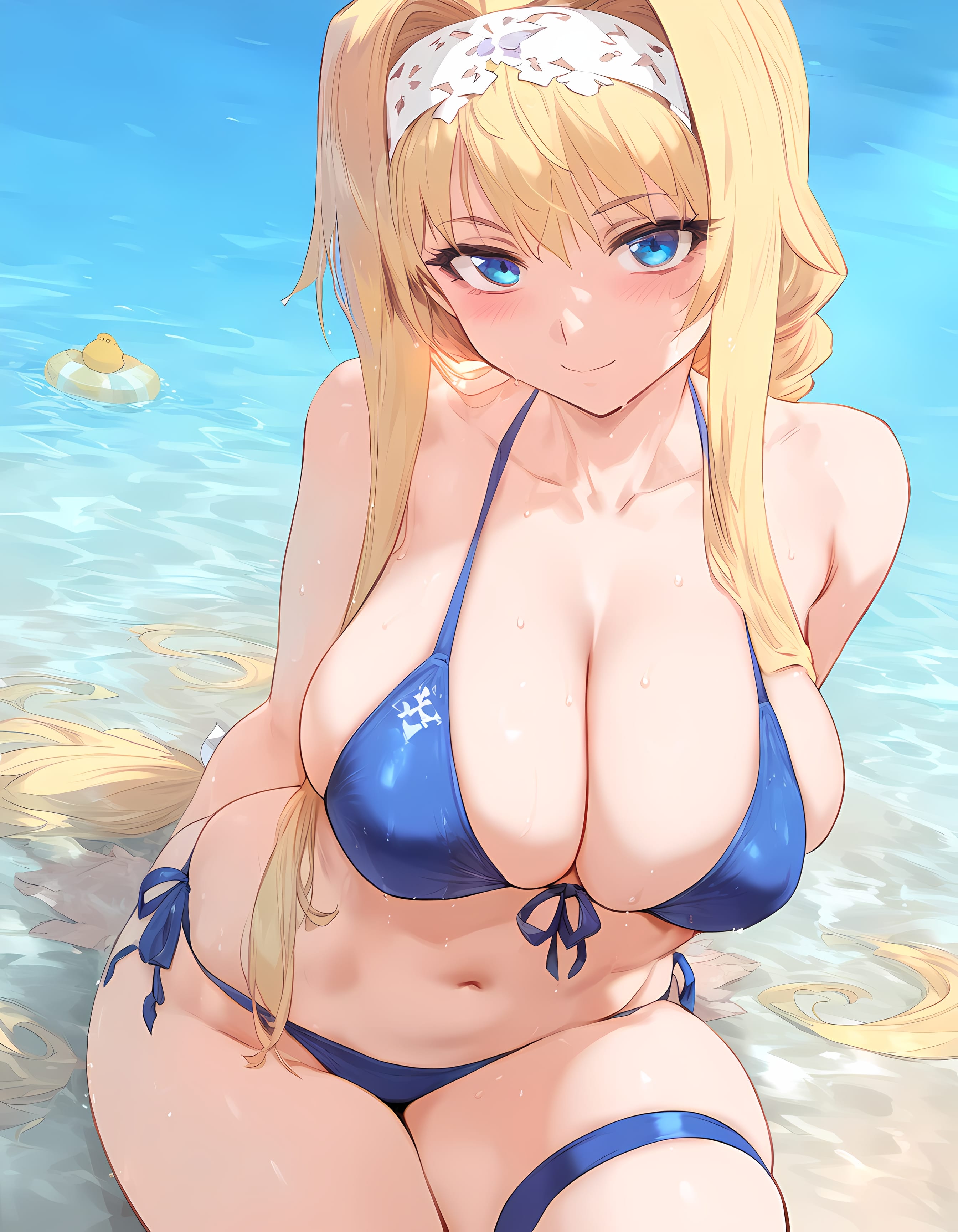 ai generated, alice margatroid, beach, big breasts, bikini, blonde hair, blue eyes, blush, breasts, female, looking at viewer, nakatori, posing, touhou
