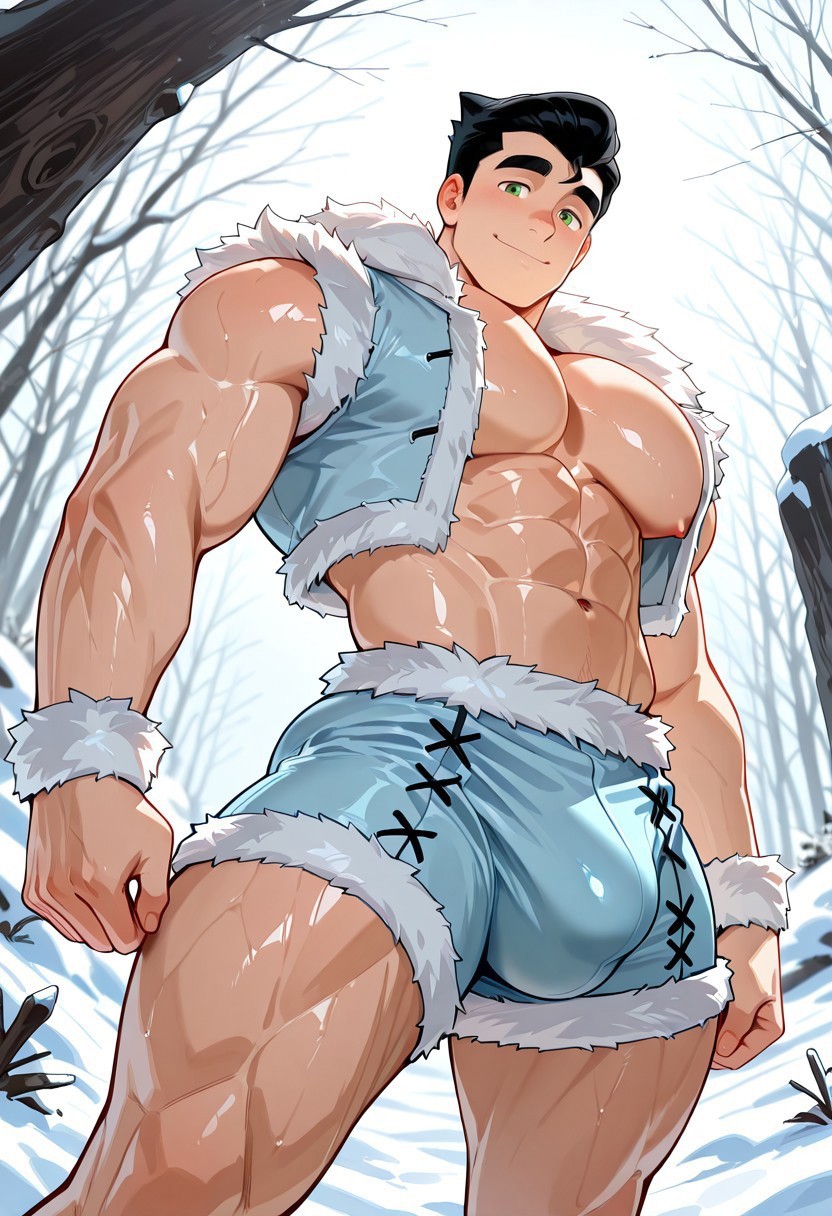 abs ai_generated arctic avatar_the_last_airbender bara bara_tiddies bara_tits bare_chest biceps big_biceps big_muscles big_pecs big_thighs black_hair blue_sky bolin bulge chest_exposed cosplay defined_muscles happy himbo hotpants hunk looking_at_viewer male male_focus male_only muscles muscular muscular_legs muscular_male muscular_thighs nickelodeon nipples nuktuk outside pecs penis_bulge revealing_clothes short_shorts shorts slutty_clothes snow the_legend_of_korra tribal_clothing water_tribe winter