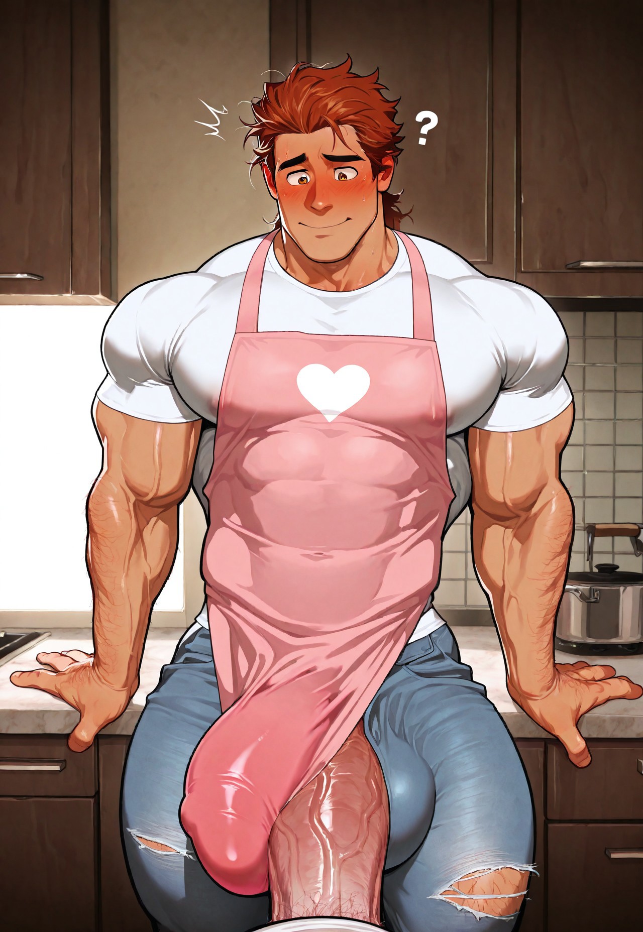 abs, abs visible through clothing, ai generated, amber eyes, apron, auburn hair, big bulge, big penis, blush, brett hand, broad shoulders, bulge, bulge frottage, bulge through clothing, bulges touching, bulging biceps, bulging pecs, bulging penis, clothes, ginger himboo, hairy, hairy arms, hairy male, hairy thighs, inside job, jeans, large penis, male, male only, muscle bottom, muscles, muscles through clothes, muscular, muscular abdomen, muscular abs, muscular arms, muscular back, muscular biceps, muscular chest, muscular dom, muscular forearms, muscular legs, muscular male, muscular neck, muscular pecs, muscular quads, muscular shoulders, muscular sub, muscular thighs, muscular top, muscular torso, nervous smile, nipples visible through clothing, penis, pov, ron staedtler, small waist, tight clothing, tight shirt