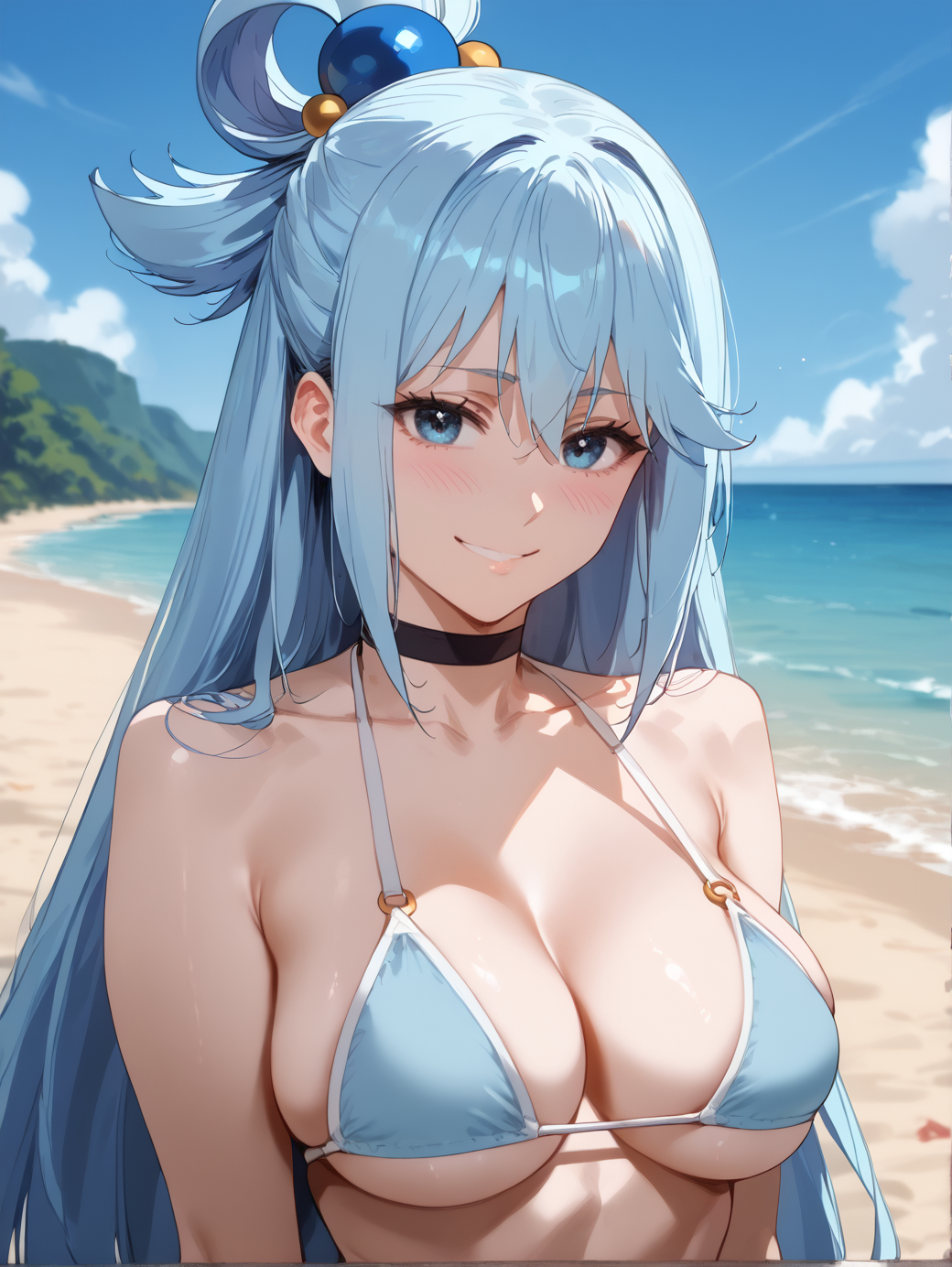 ai_generated aqua_(konosuba) bangs bare_shoulders beach bikini black_choker blue_bikini blue_eyes blue_hair blue_sky blush breasts brokewyt choker cleavage cloud collarbone day female grin hair_between_eyes hair_ornament hair_rings halterneck kono_subarashii_sekai_ni_shukufuku_wo! large_breasts long_hair looking_at_viewer o-ring ocean outdoors parted_lips sand skindentation sky smile solo swimsuit uncensored upper_body water