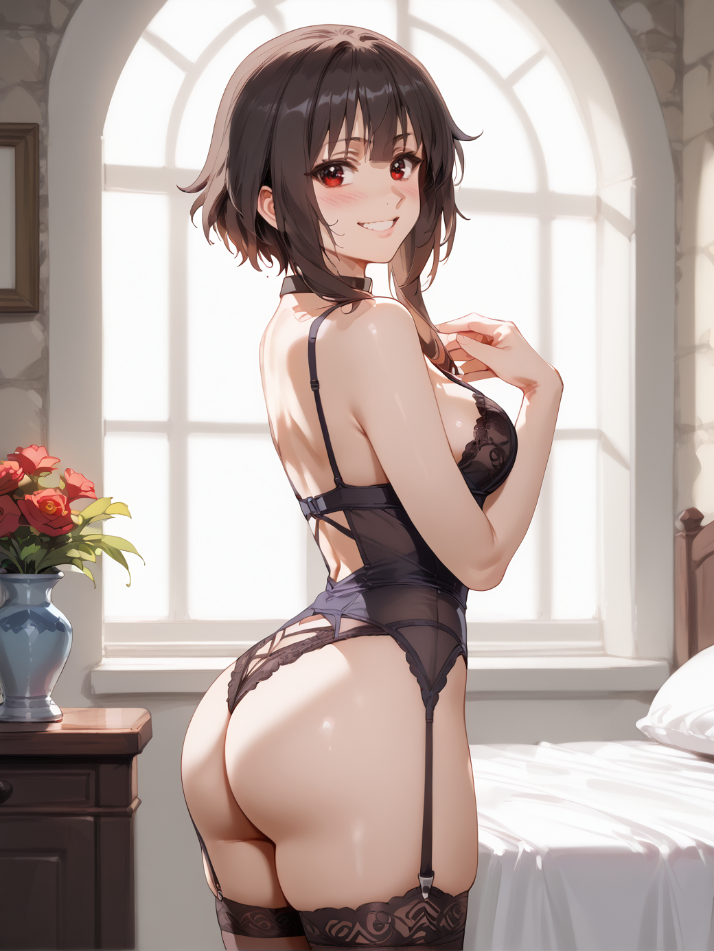 ai generated, alternate breast size, ass, back, bangs, bare arms, bare shoulders, bed, black choker, black panties, black thighhighs, blush, bra, breasts, brokewyt, brown hair, choker, cowboy shot, day, female, flower, from behind, garter belt, garter straps, grin, hand up, indoors, kono subarashii sekai ni shukufuku wo!, large breasts, lingerie, looking at viewer, looking back, medium breasts, megumin, on bed, panties, parted lips, pillow, red eyes, red flower, short hair, short hair with long locks, sidelocks, smile, solo, standing, teeth, thighhighs, thighs, thong, uncensored, underwear, underwear only, vase, window