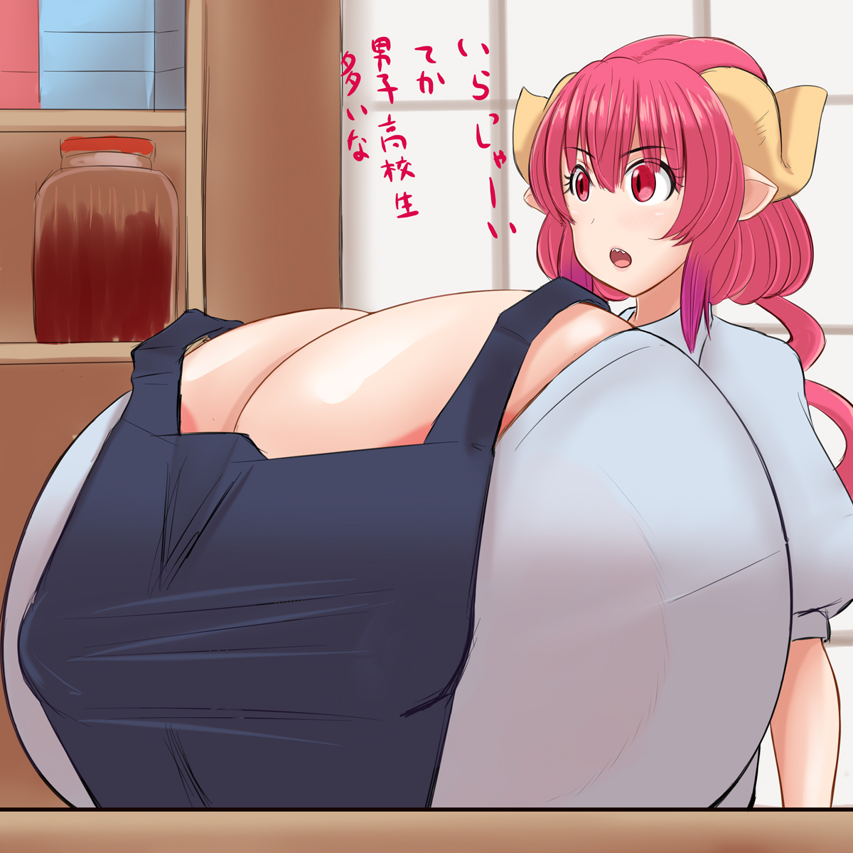 aokuro, apron, areolae visible through clothing, breasts, cleavage, excessive breast, female, gigantic breasts, horns, hyper breasts, ilulu (dragon maid), japanese text, large breasts, miss kobayashi's dragon maid, nipples visible through clothing, pink hair, red eyes, store