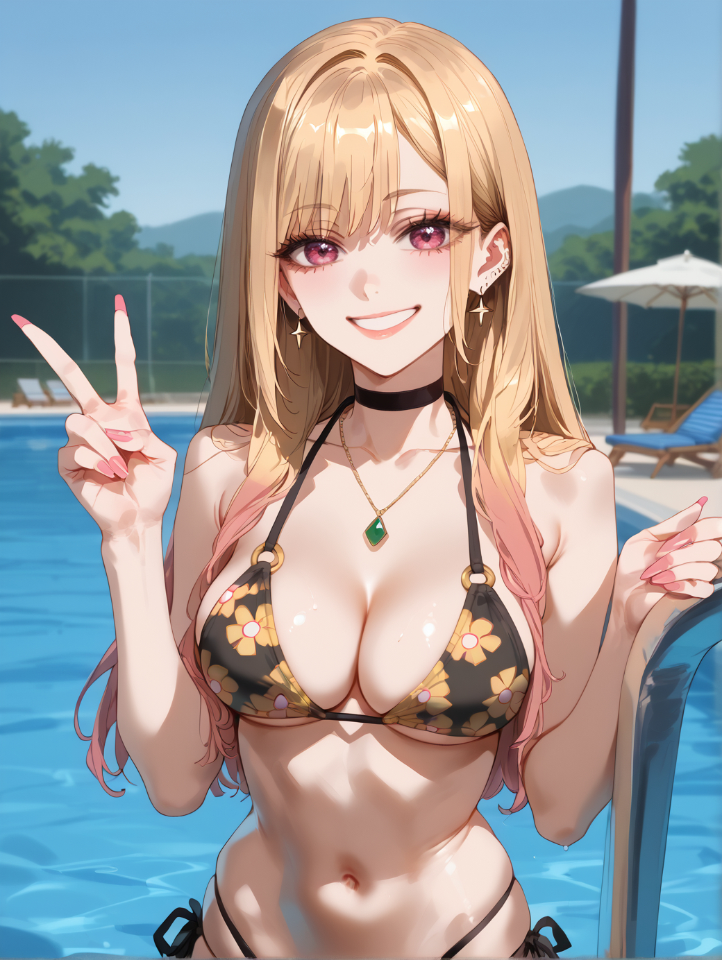 ai generated, bangs, barbell piercing, bare shoulders, bikini, black bikini, black choker, blonde hair, blush, breasts, brokewyt, choker, cleavage, collarbone, colored tips, day, ear piercing, earrings, fake nails, female, fingernails, floral print, gradient hair, grin, gyaru, halterneck, jewelry, kitagawa marin, lace choker, large breasts, long fingernails, long hair, looking at viewer, multi-strapped bikini, multicolored hair, nail polish, navel, necklace, outdoors, piercing, pink nails, pool, pool ladder, poolside, print bikini, red eyes, side-tie bikini bottom, smile, solo, sono bisque doll wa koi wo suru, stomach, string bikini, swimsuit, teeth, umbrella, uncensored, v, water