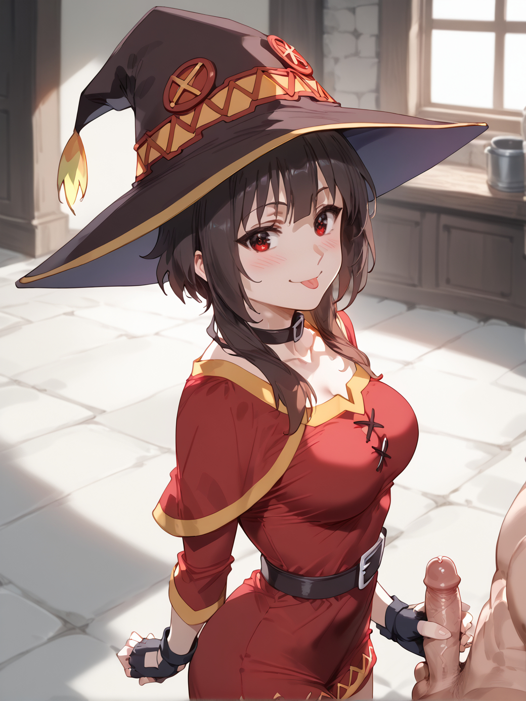 1boy :p ai_generated bangs belt black_gloves blush breasts brokewyt brown_hair choker clothed_female_nude_male collarbone dress erection female fingerless_gloves gloved_handjob gloves handjob hat indoors kono_subarashii_sekai_ni_shukufuku_wo! looking_at_viewer male medium_breasts megumin nude penis red_dress red_eyes short_hair sidelocks smile solo_focus straight tongue tongue_out uncensored witch_hat