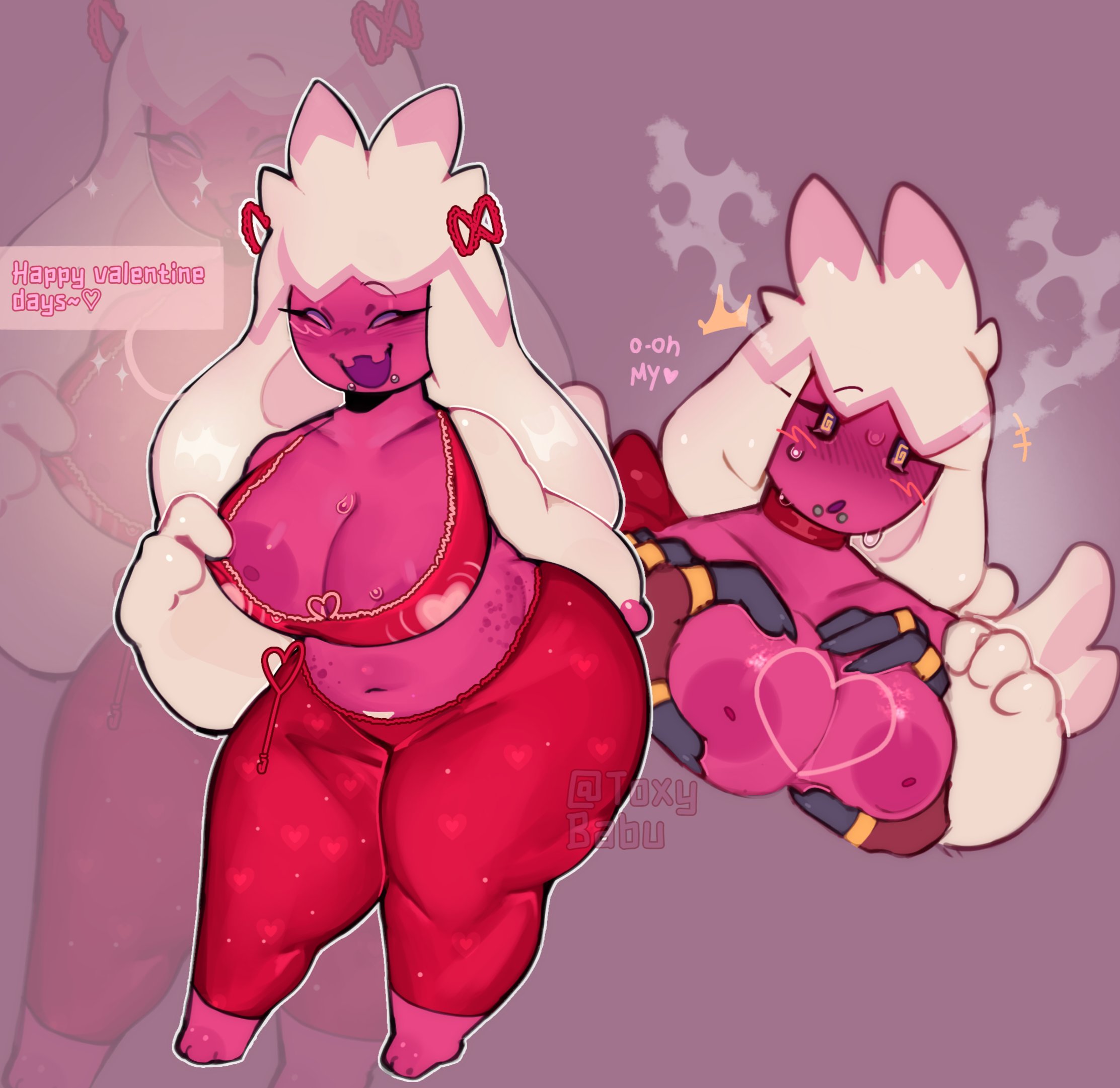 :o, 1girls, 2025, anthro, areolae, barefoot, big breasts, blush, breasts, clothed, clothing, dina (toxybabu), female, female only, grabbing breasts, hi res, large areolae, lip piercing, nintendo, nipples, piercing, pink body, pokemon, pokemon (species), scolipede, shortstack, showing breasts, showing off, simple background, slightly chubby, smile, solo, steam, thick thighs, tinkaton, toxybabu, valentine's day
