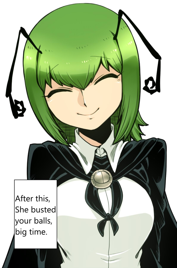 after sex, ballbusting, dialogue, edited, english, english text, female, green hair, hard translated, light skin, light-skinned female, spacezin, talking to viewer, touhou, wriggle nightbug