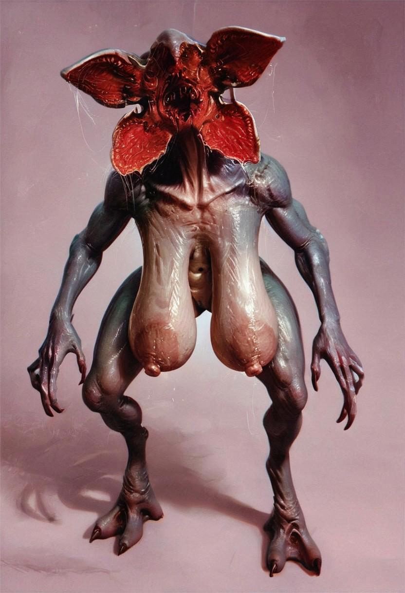 1girls, ai generated, areola, areolae, artist request, big breasts, biped, breasts, breasts apart, claws, demogorgon, digitigrade legs, faceless, faceless character, female, female demogorgon, female demogorgon (stranger things), female only, front view, gaping mouth, huge breasts, humanoid, looking at viewer, monster, monster female, monster girl, nightmare waifu, nipples, sagging breasts, simple background, solo, stranger things, teratophilia, unknown artist