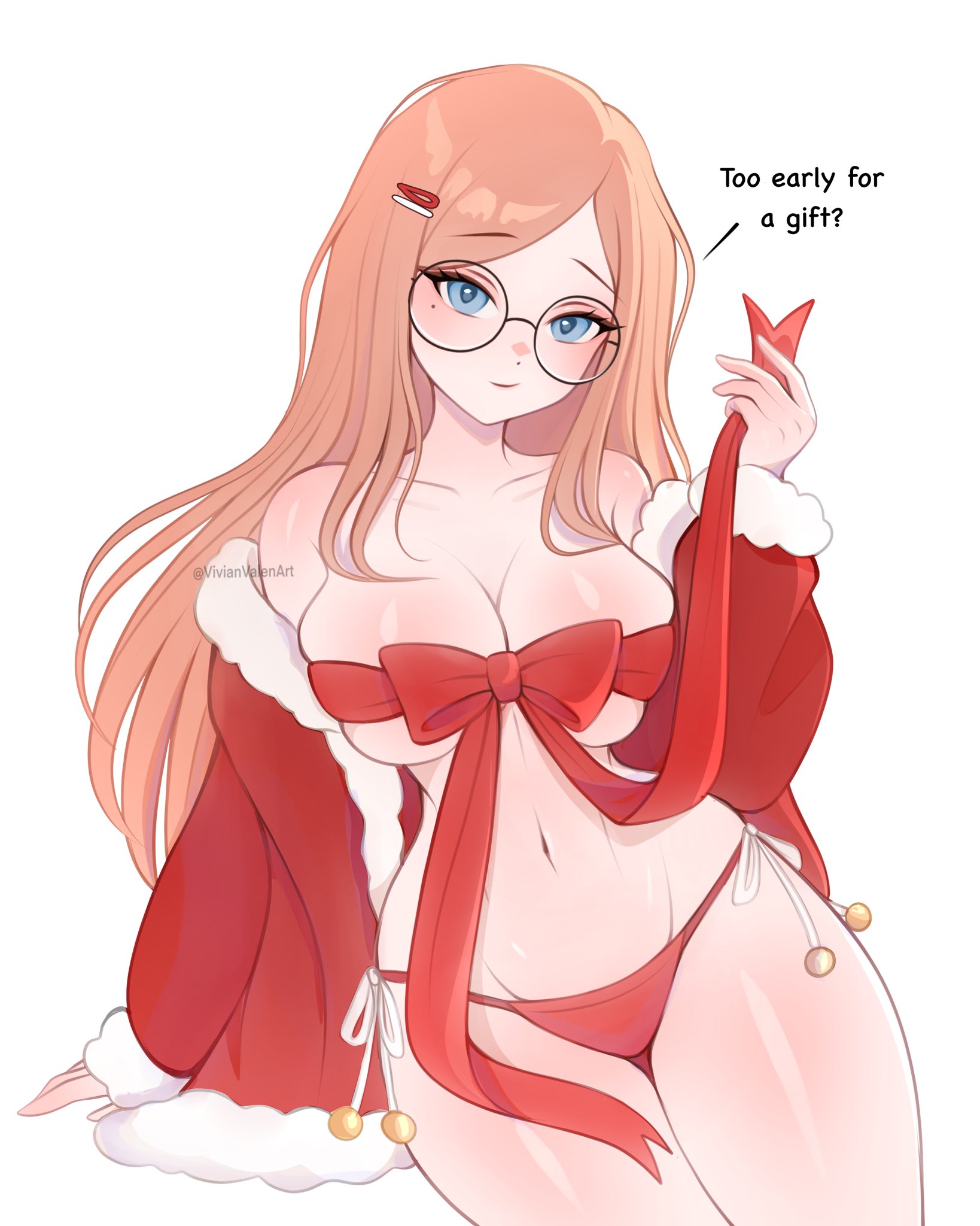 1girls, 2d, artist name, blue eyes, breasts, christmas, christmas outfit, circle glasses, english text, female, glasses, light skin, long hair, looking at viewer, oc, orange hair, original, panties, ribbon, solo, solo female, tagme, text, vivianvalenart, white background