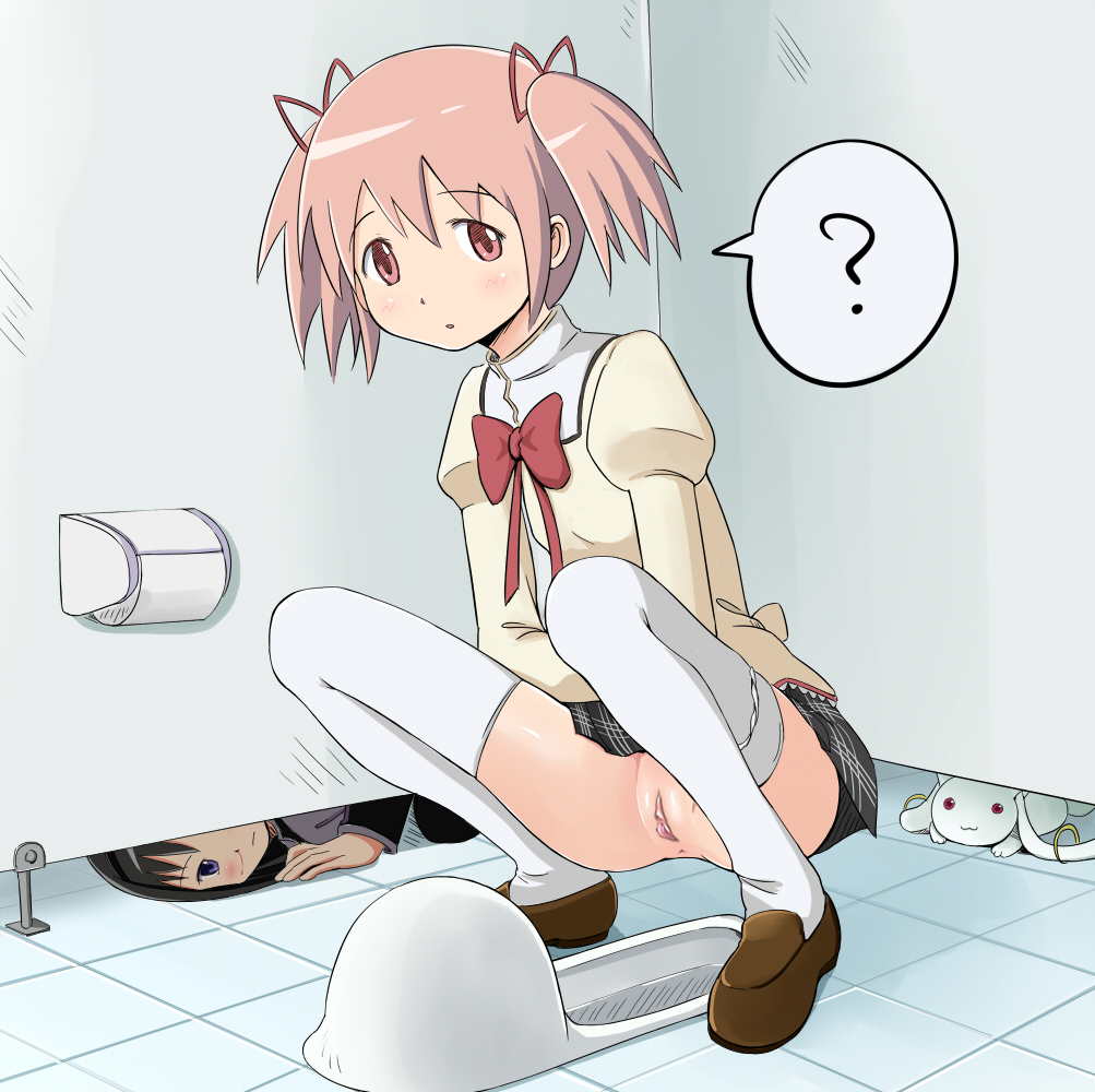 1boy 2girls ? akemi_homura all_fours bathroom black_hair blood blush clitoris edit female hair_ornament hair_ribbon human kyuubee long_hair madoka_kaname mahou_shoujo_madoka_magica multiple_girls nosebleed on_floor panties panties_around_leg photoshop pink_eyes pink_hair purple_eyes pussy red_eyes ribbon school_uniform shoes short_hair short_twintails shuuji_(shumi) skirt spread_legs squat_toilet squatting thighhighs tied_hair toilet toilet_paper twintails uncensored upskirt voyeurism white_legwear