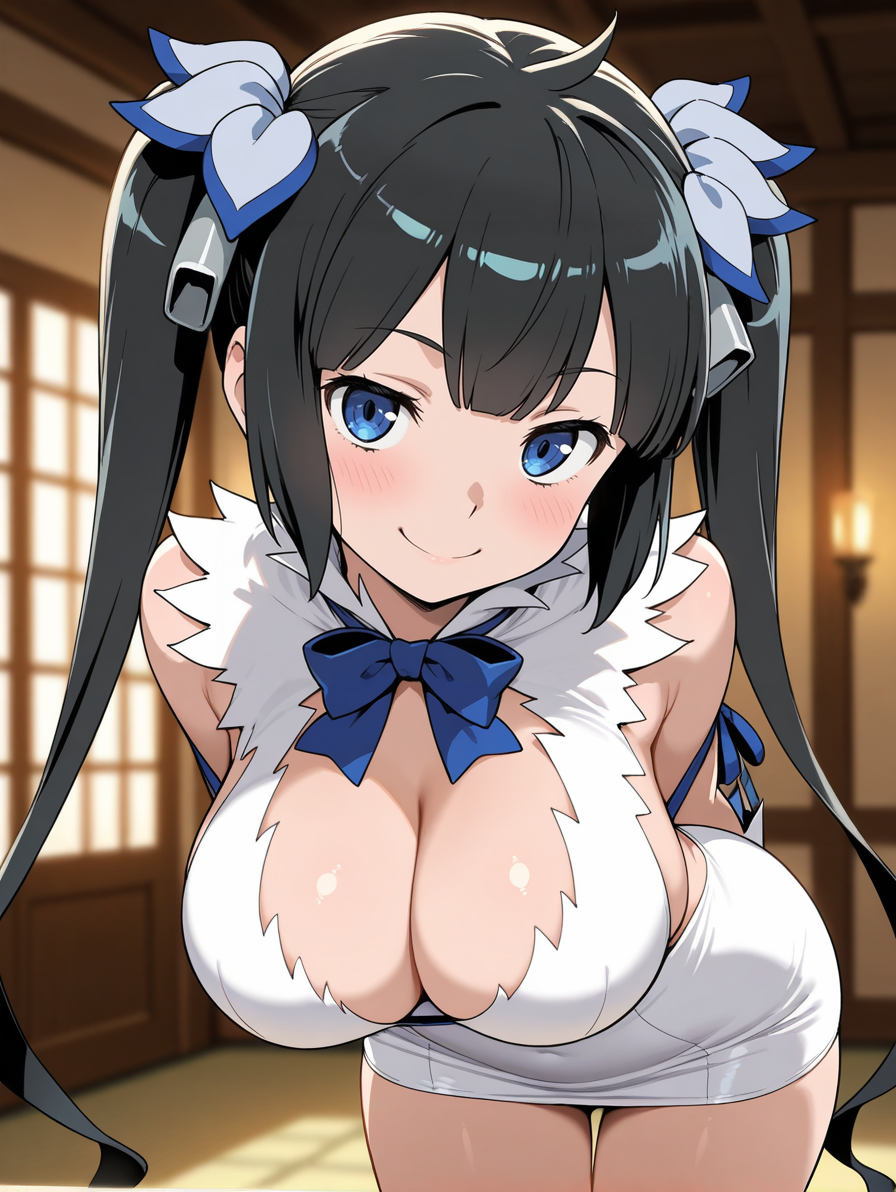 ai_generated arms_behind_back bangs bare_shoulders black_hair blue_bow blue_bowtie blue_eyes blue_neckwear blue_ribbon blunt_bangs blush bow bowtie breasts cleavage cleavage_cutout closed_mouth clothing clothing_cutout covered_navel dress dungeon_ni_deai_wo_motomeru_no_wa_machigatteiru_darou_ka? female female female_only gloves hair_ornament hair_ribbon hestia_(danmachi) indoors large_breasts leaning_forward long_hair looking_at_viewer navel neckwear pencil_dress rei_no_himo ribbon short_dress skindentation sleeveless sleeveless_dress smile solo thigh_gap thighs tied_hair twintails very_long_hair white_dress white_gloves