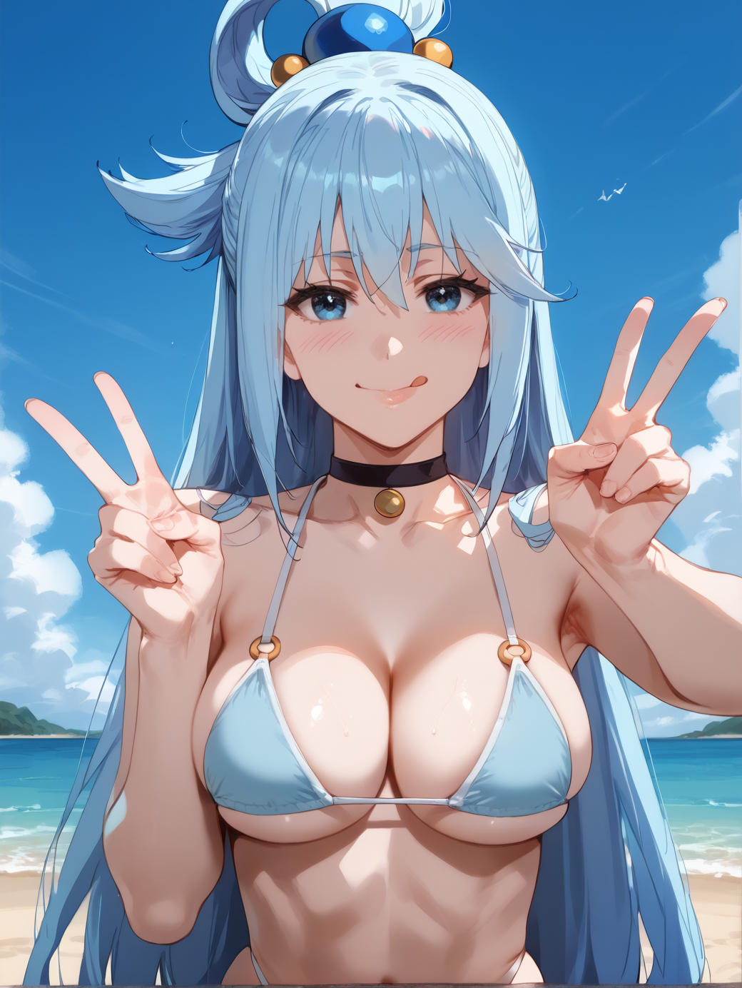 :q ai_generated aqua_(konosuba) bangs bare_shoulders beach bikini black_choker blue_bikini blue_eyes blue_hair blue_sky blush breasts brokewyt choker cleavage closed_mouth cloud collarbone day double_v female hair_between_eyes hair_ornament hair_rings hands_up kono_subarashii_sekai_ni_shukufuku_wo! large_breasts long_hair looking_at_viewer o-ring o-ring_bikini ocean outdoors sky smile solo string_bikini swimsuit tongue tongue_out uncensored upper_body v water